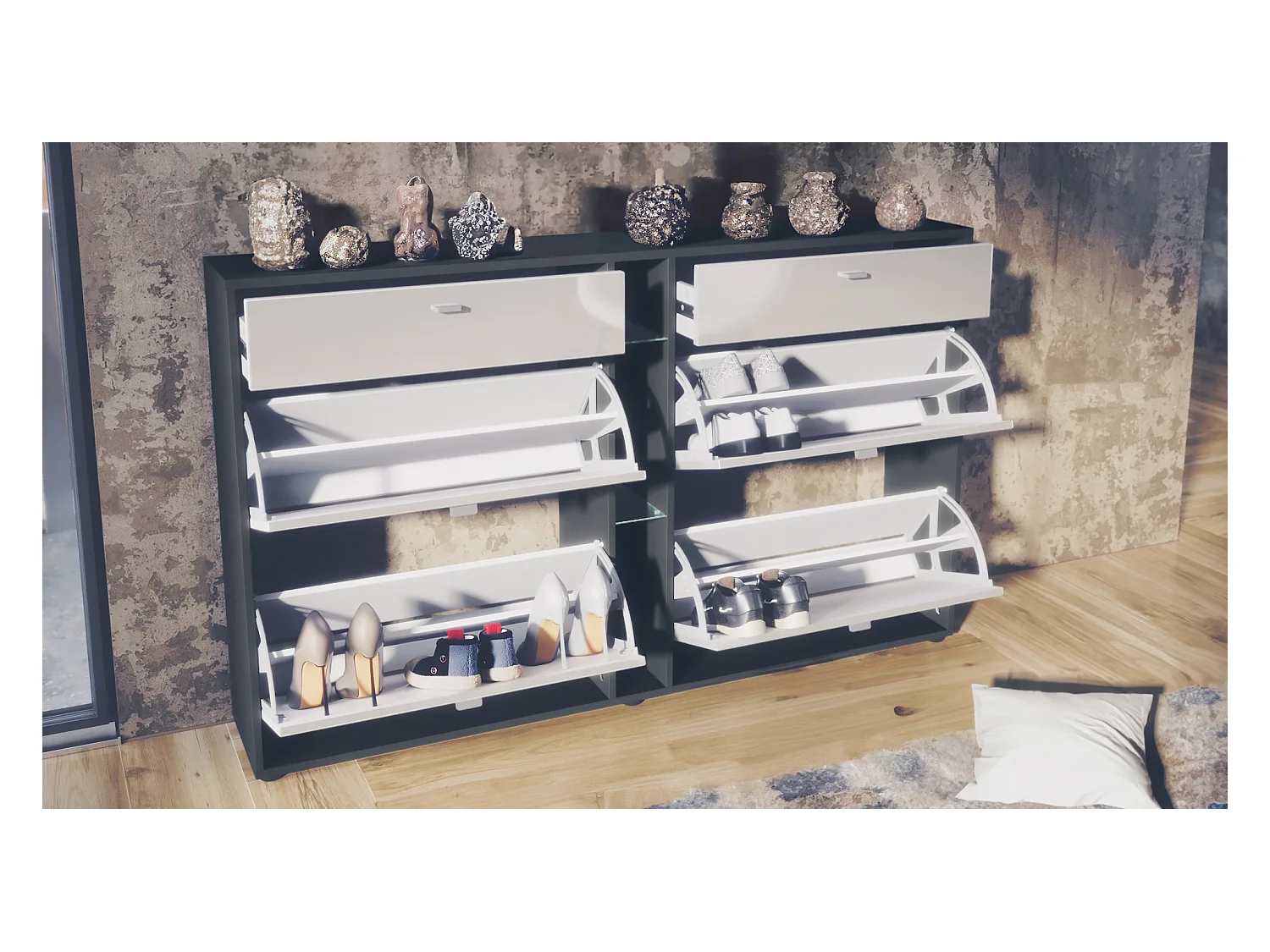 Ensemble de vestiaire Florence avec armoire à chaussures et 2 miroirs muraux, Fabriqué en ALLEMAGNE, noir mat/noir mat