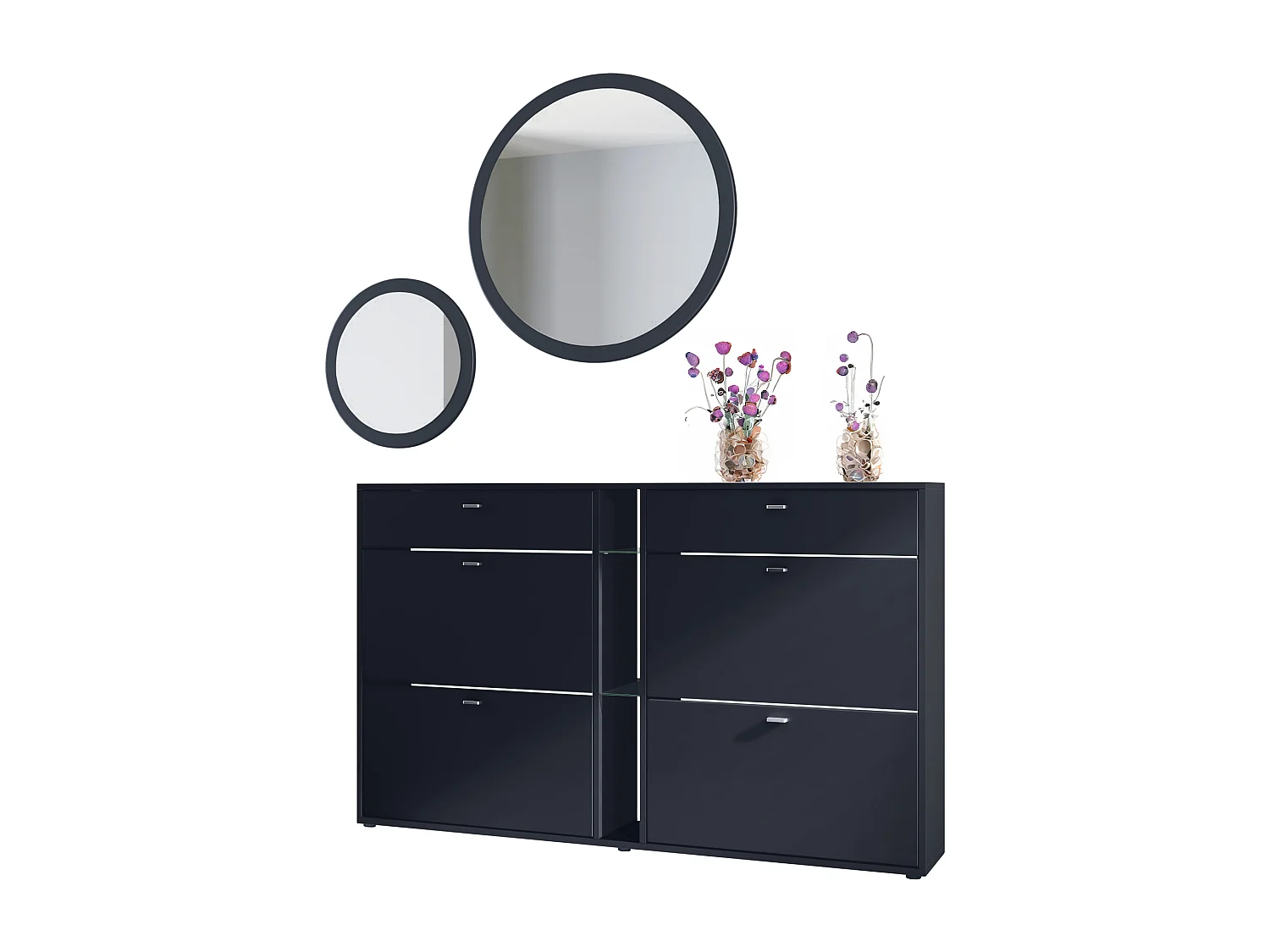 Ensemble de vestiaire Florence avec armoire à chaussures et 2 miroirs muraux, Fabriqué en ALLEMAGNE, noir mat/noir mat