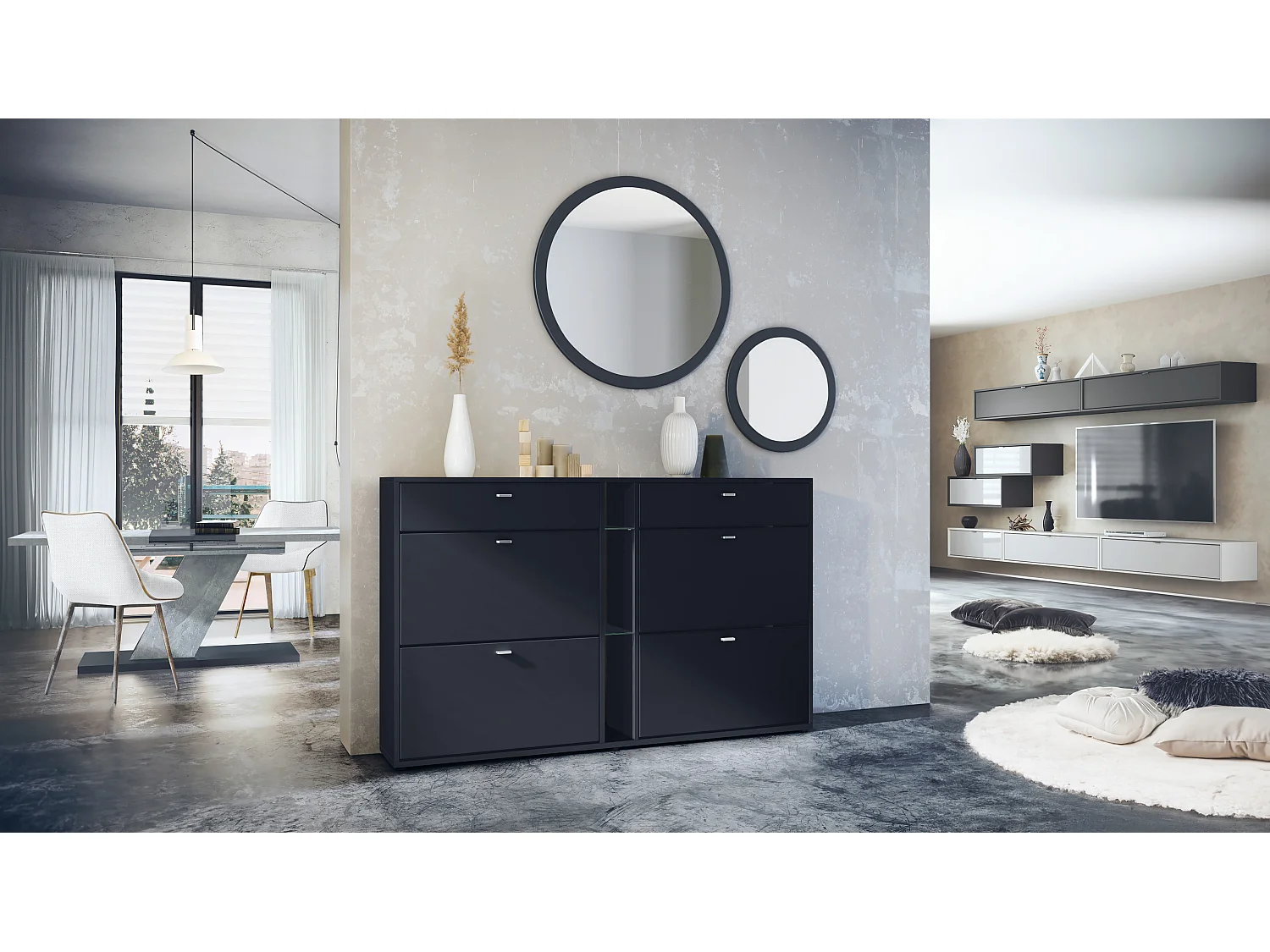 Ensemble de vestiaire Florence avec armoire à chaussures et 2 miroirs muraux, Fabriqué en ALLEMAGNE, noir mat/noir mat