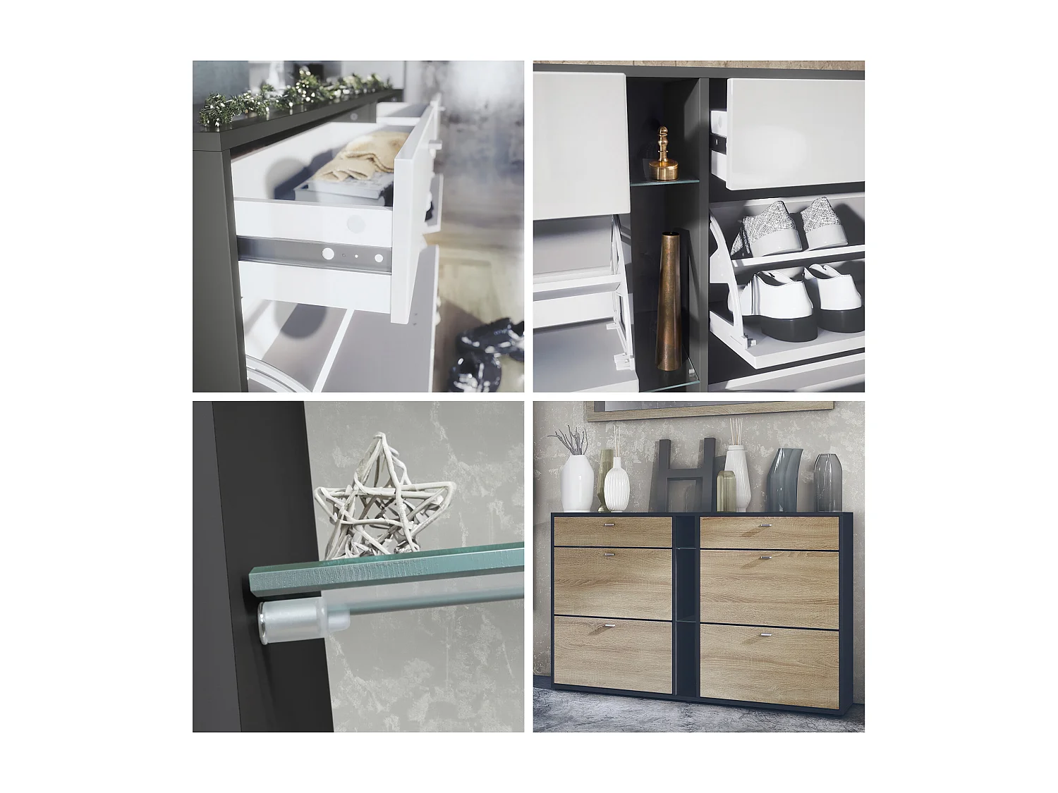 Ensemble de vestiaire Florence avec armoire à chaussures et 2 miroirs muraux, Fabriqué en ALLEMAGNE, noir mat/noir mat