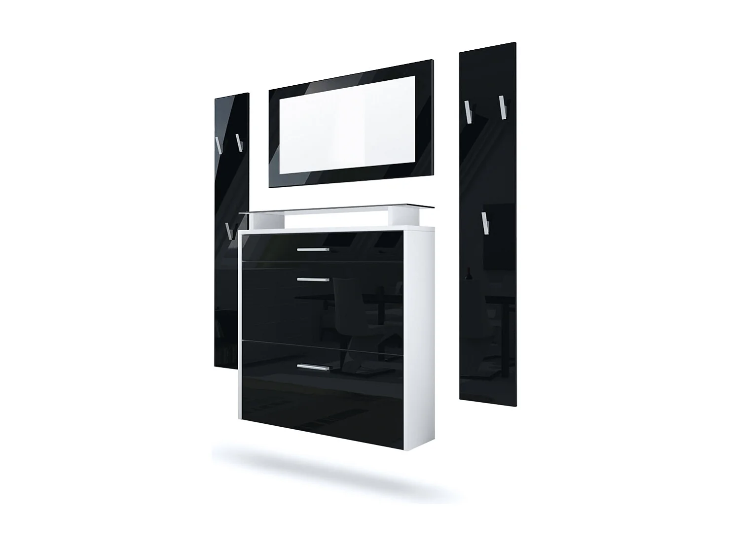 Penderie Malea, Meuble d’entrée comprenant 1 commode à chaussures murale, 1 miroir mural et 2 panneaux porte-manteaux, Blanc mat/Noir haute brillance