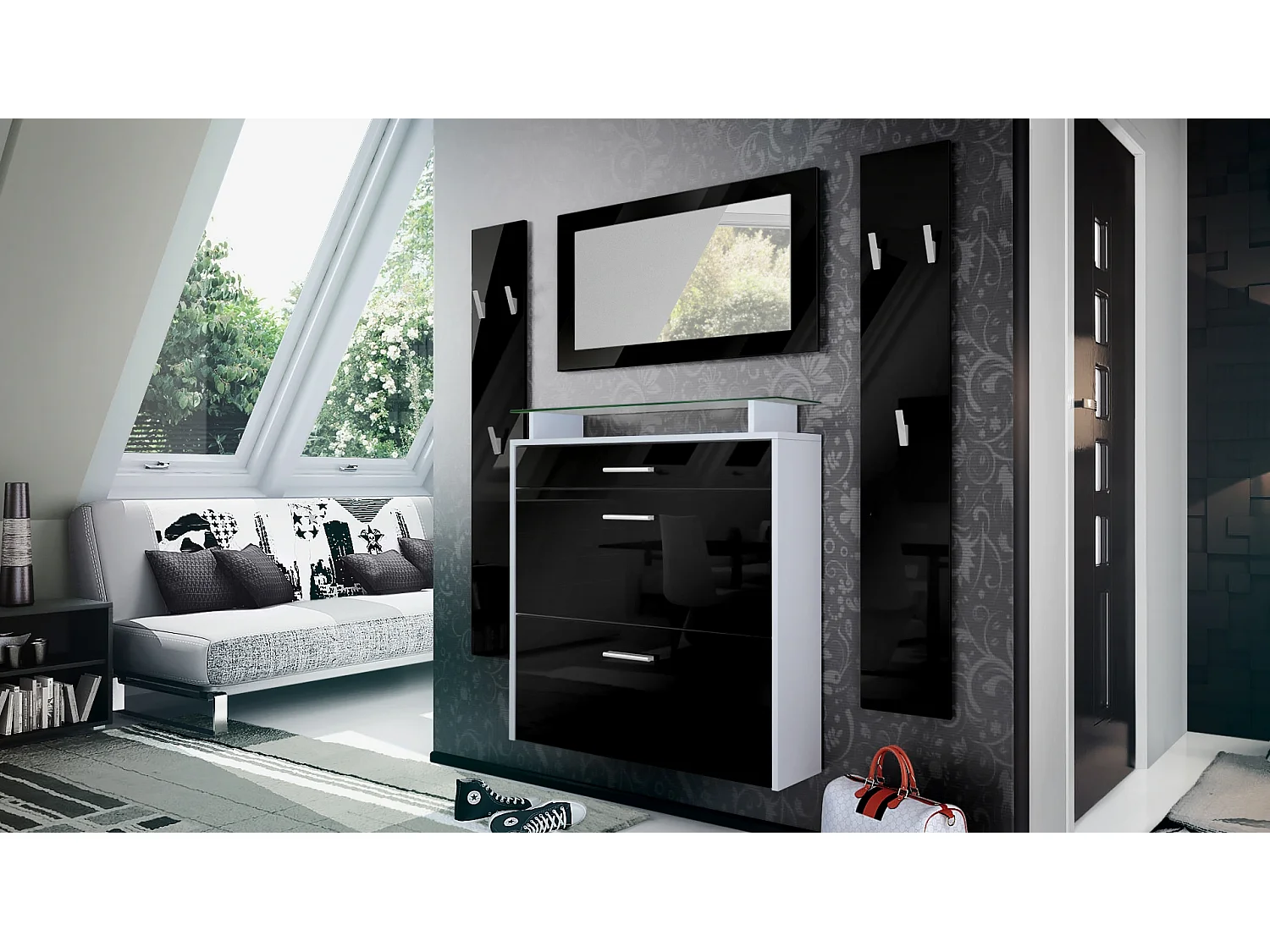 Penderie Malea, Meuble d’entrée comprenant 1 commode à chaussures murale, 1 miroir mural et 2 panneaux porte-manteaux, Blanc mat/Noir haute brillance