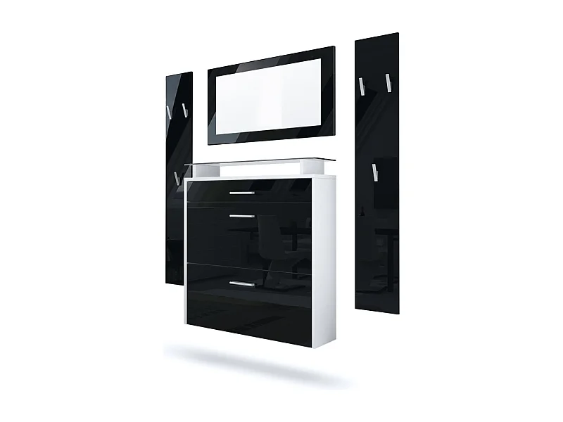 Penderie Malea, Meuble d’entrée comprenant 1 commode à chaussures murale, 1 miroir mural et 2 panneaux porte-manteaux, Blanc mat/Noir haute brillance