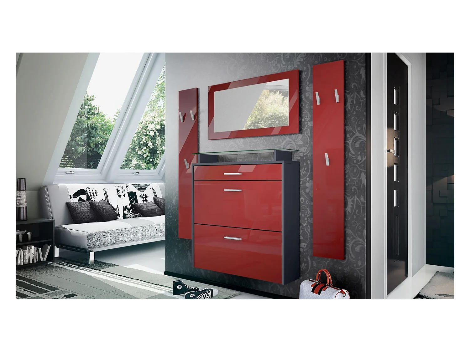 Penderie Malea, Meuble d’entrée comprenant 1 commode à chaussures murale, 1 miroir mural et 2 panneaux porte-manteaux, Anthracite mat/Bordeaux brillant