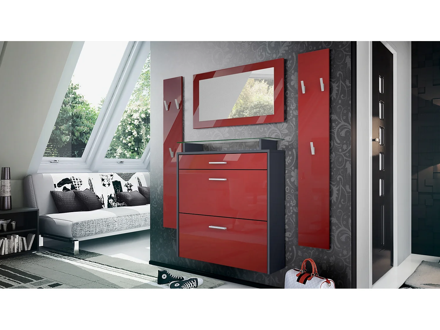 Penderie Malea, Meuble d’entrée comprenant 1 commode à chaussures murale, 1 miroir mural et 2 panneaux porte-manteaux, Anthracite mat/Bordeaux brillant