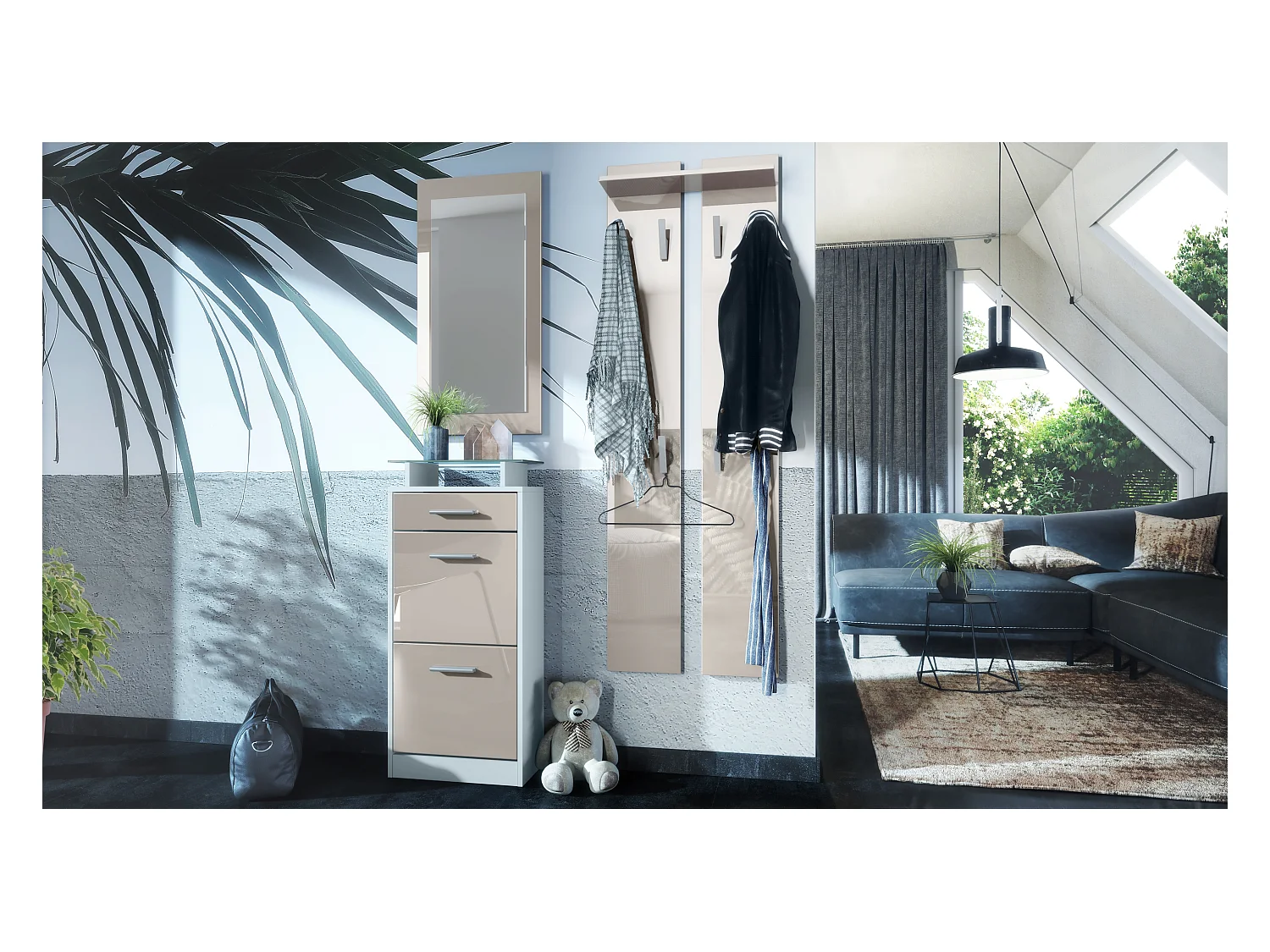 Ensemble de meubles d'entrée Loret V2 Mini, Corps en Blanc mat / Façades en Gris sable haute brillance