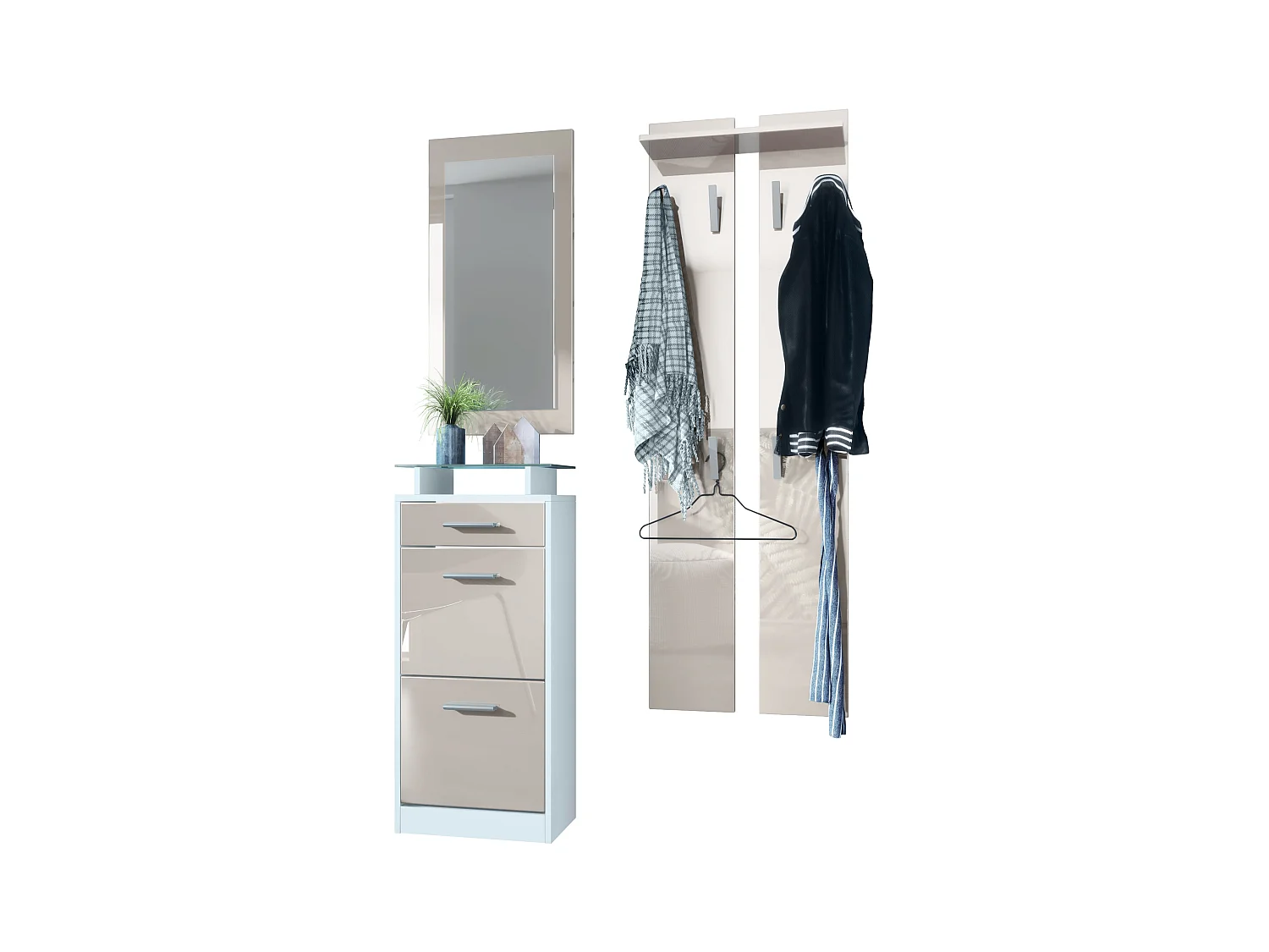 Ensemble de meubles d'entrée Loret V2 Mini, Corps en Blanc mat / Façades en Gris sable haute brillance