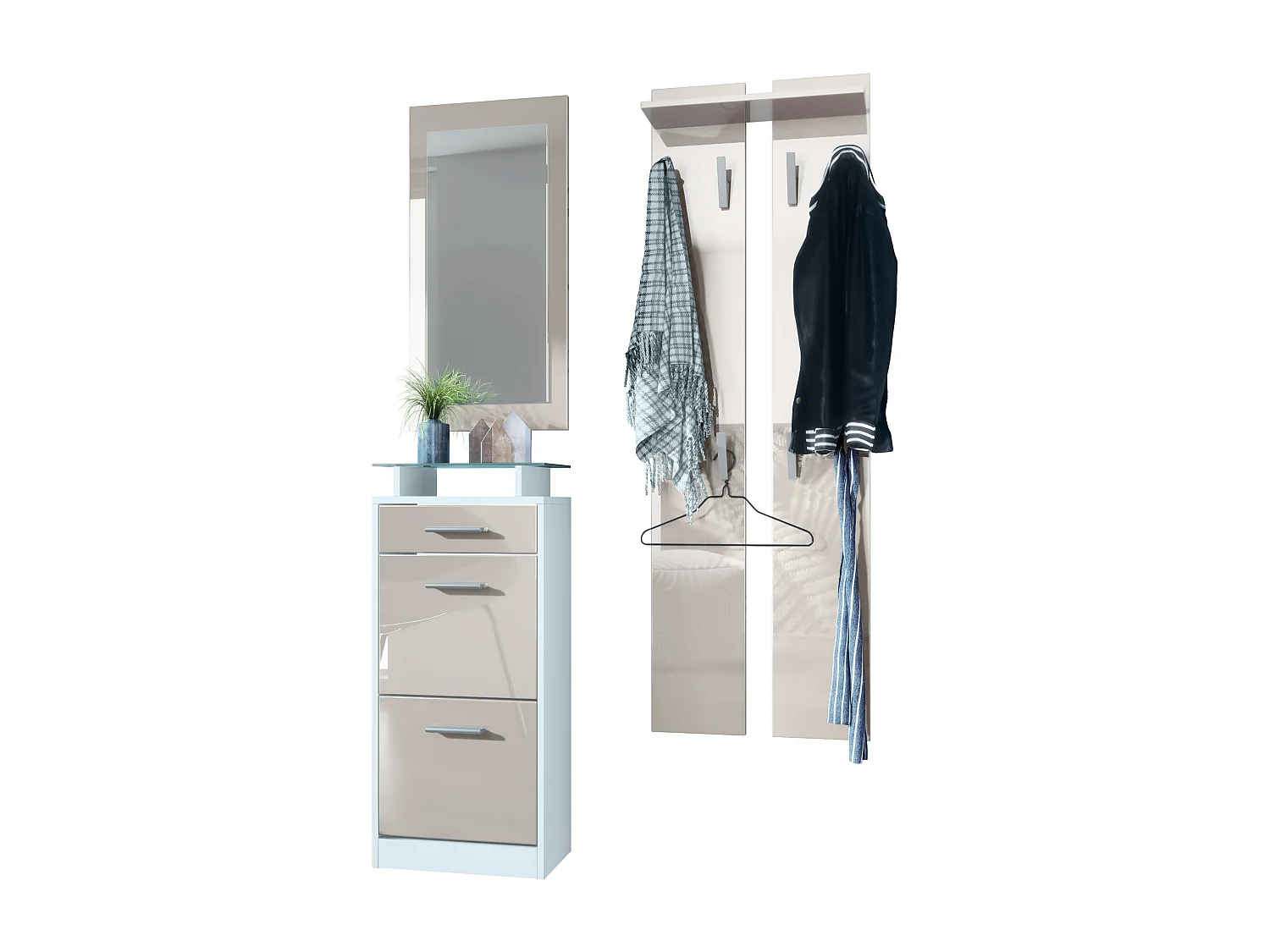 Ensemble de meubles d'entrée Loret V2 Mini, Corps en Blanc mat / Façades en Gris sable haute brillance