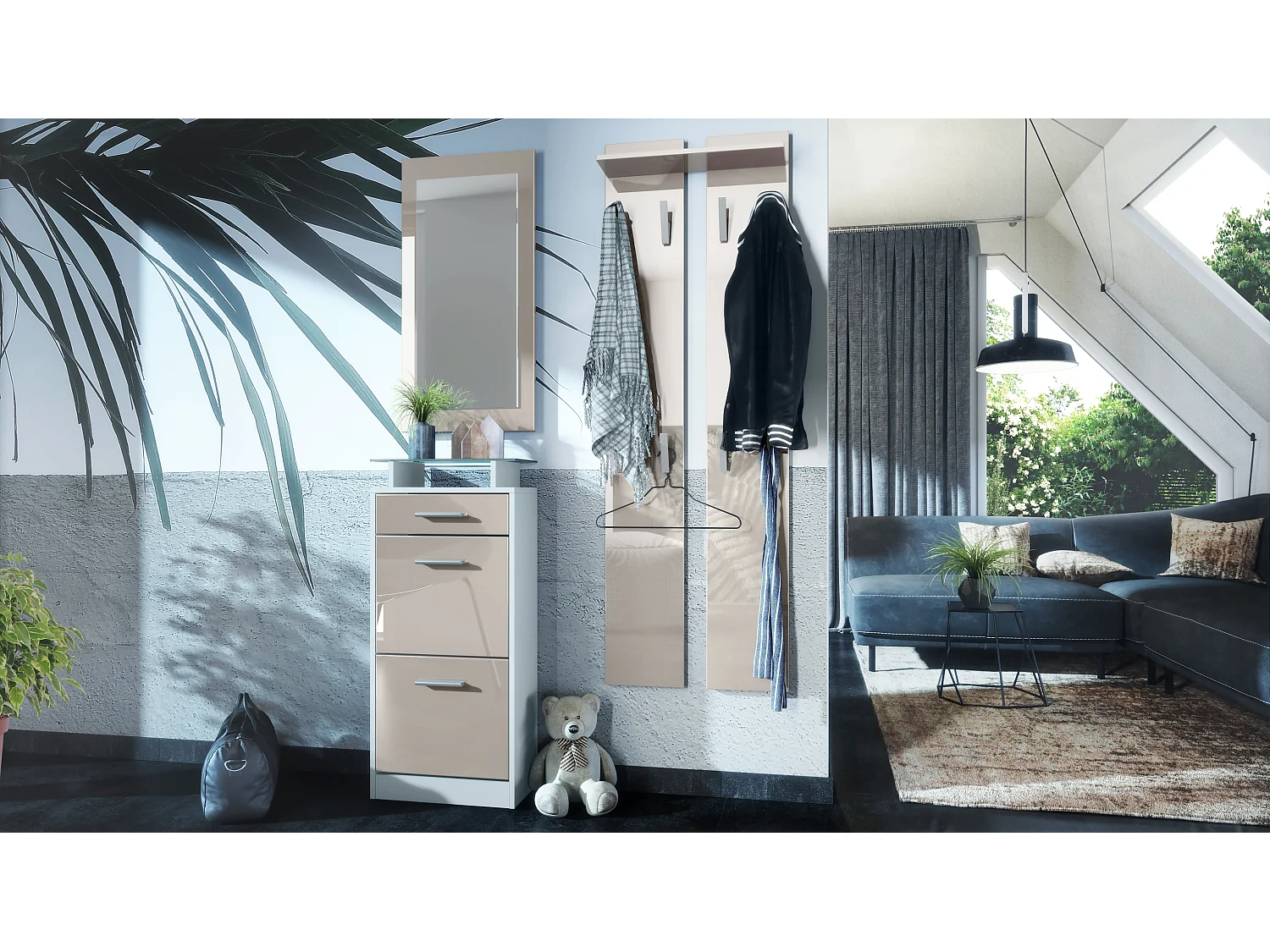 Ensemble de meubles d'entrée Loret V2 Mini, Corps en Blanc mat / Façades en Gris sable haute brillance