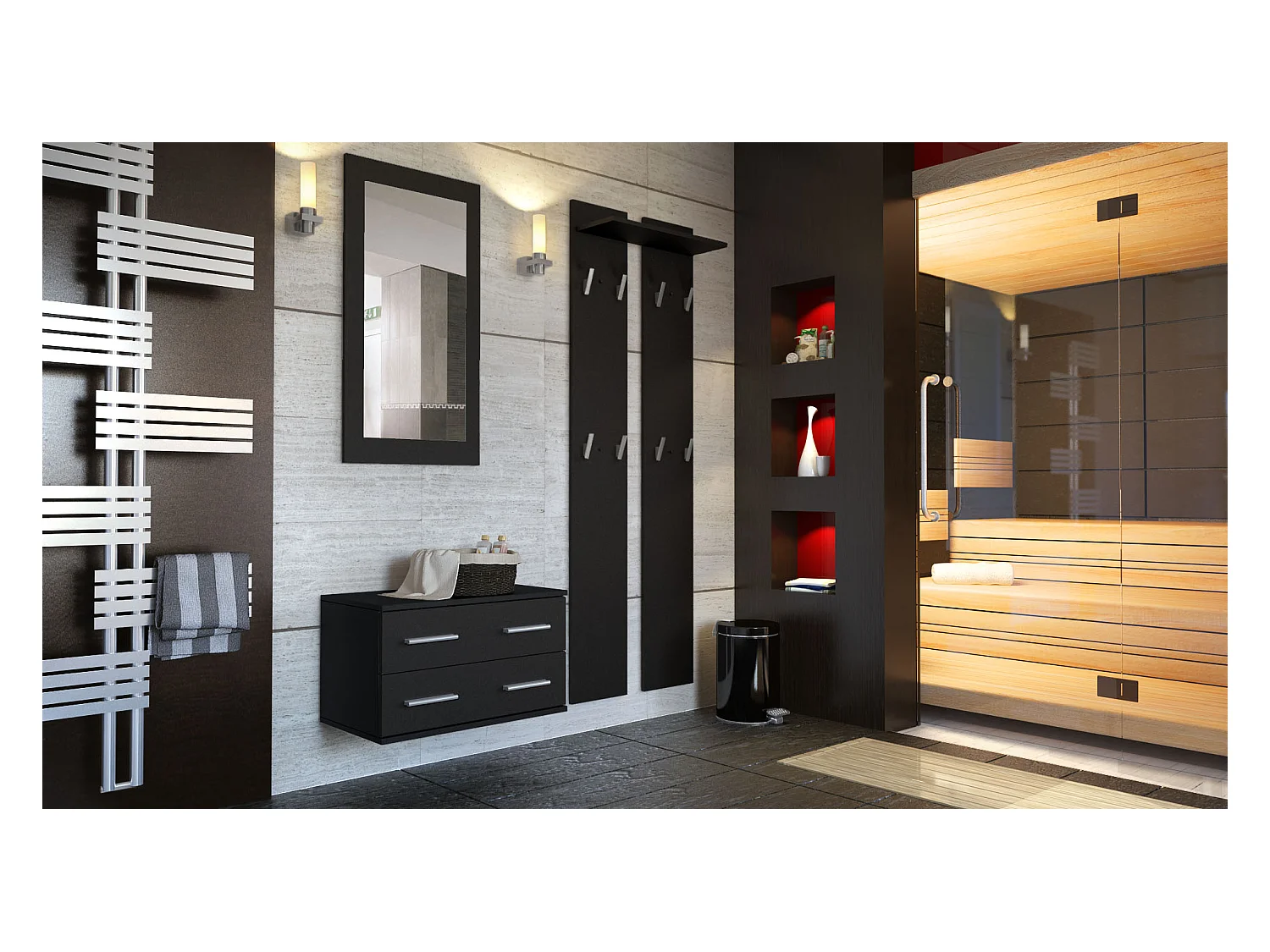 Ensemble de meubles d'entrée Kioto, Corps en Noir mat / Façades en Noir mat