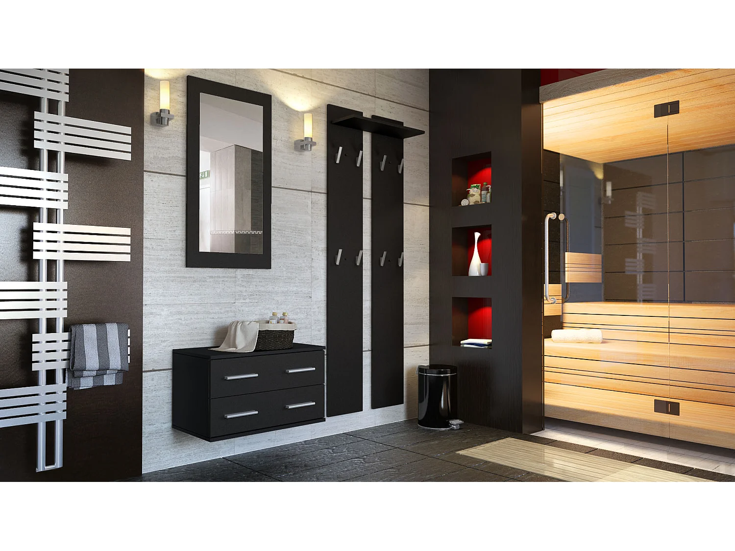 Ensemble de meubles d'entrée Kioto, Corps en Noir mat / Façades en Noir mat