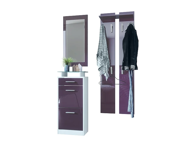 Ensemble de meubles d'entrée Loret V2 Mini, Corps en Blanc mat / Façades en Mûre haute brillance