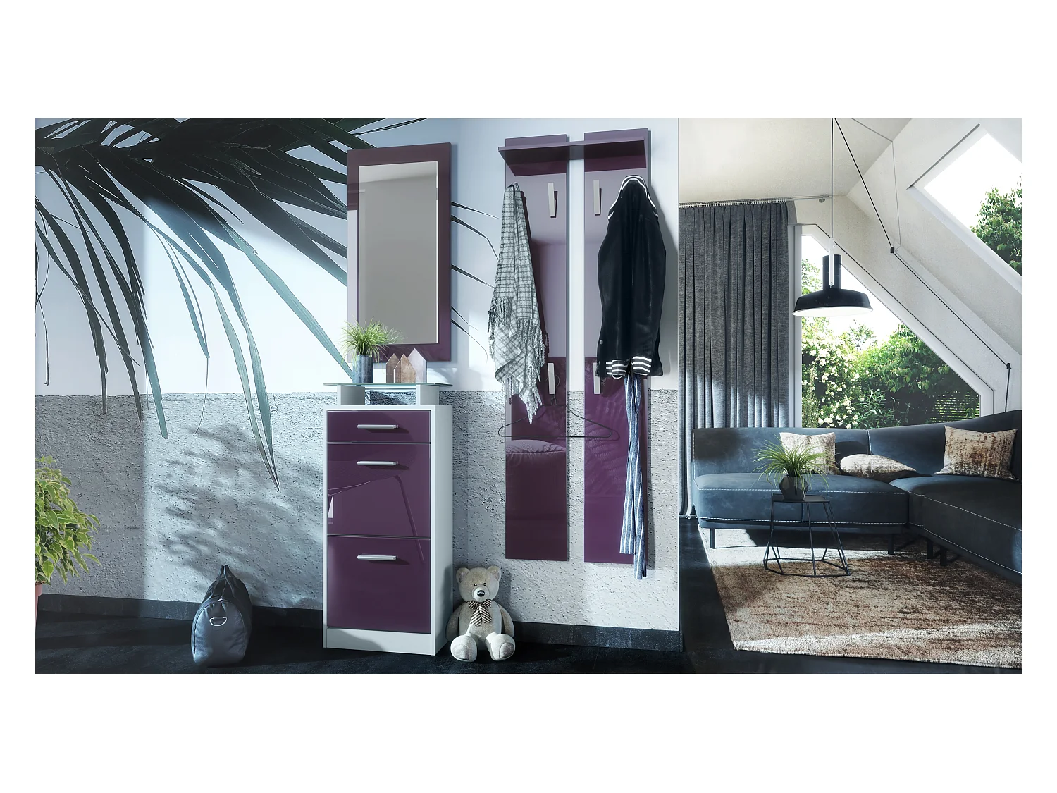 Ensemble de meubles d'entrée Loret V2 Mini, Corps en Blanc mat / Façades en Mûre haute brillance