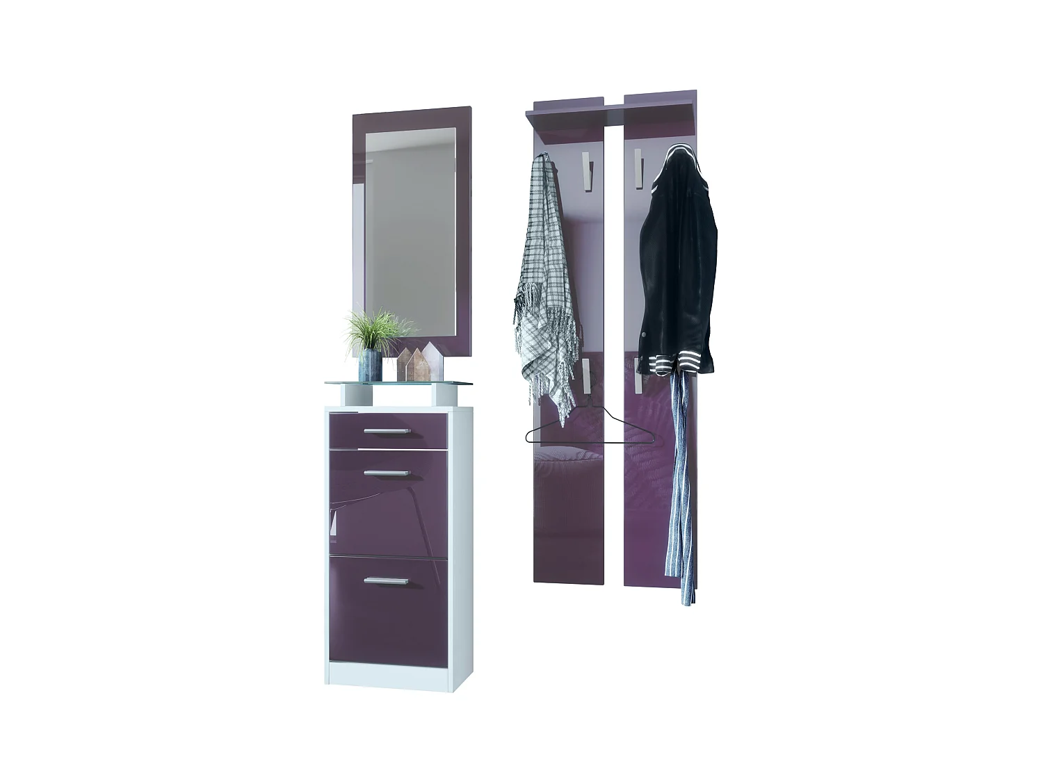 Ensemble de meubles d'entrée Loret V2 Mini, Corps en Blanc mat / Façades en Mûre haute brillance