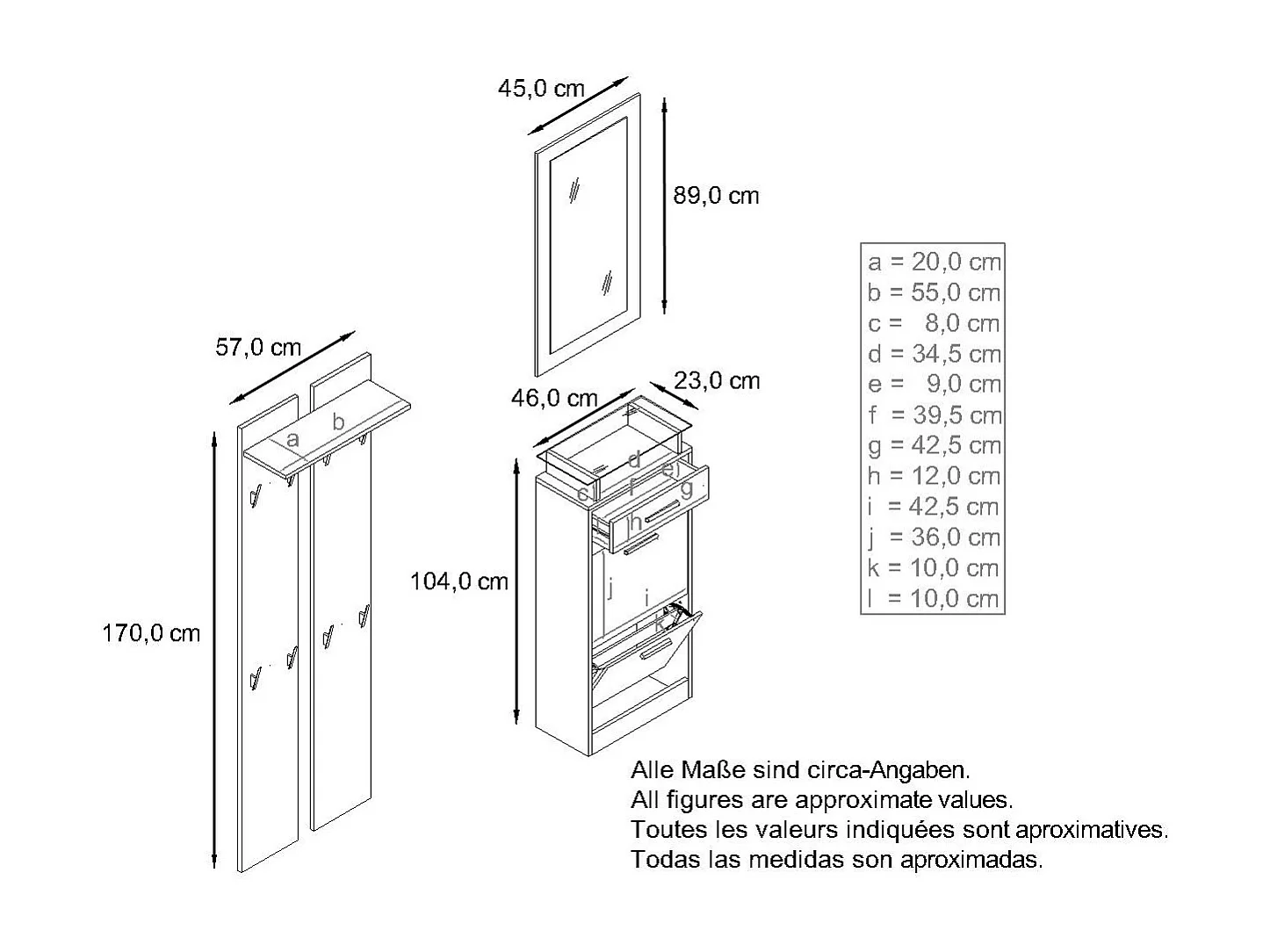 Ensemble de meubles d'entrée Loret V2 Mini, Corps en Blanc mat / Façades en Mûre haute brillance