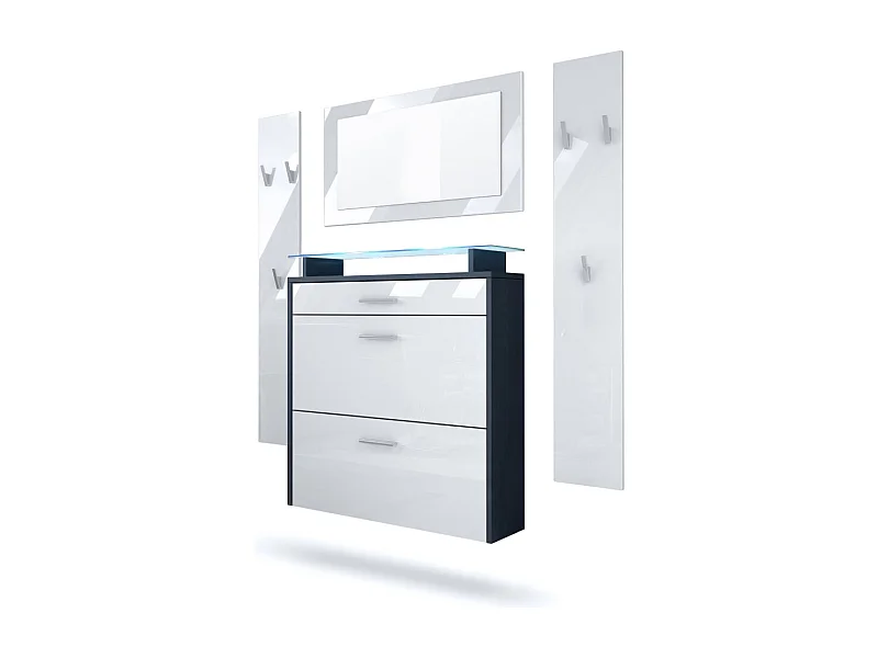 Penderie Malea, Meuble d’entrée comprenant 1 commode à chaussures, 1 miroir et 2 panneaux porte-manteaux, Anthracite mat/Blanc brillant, LED bleu inclus