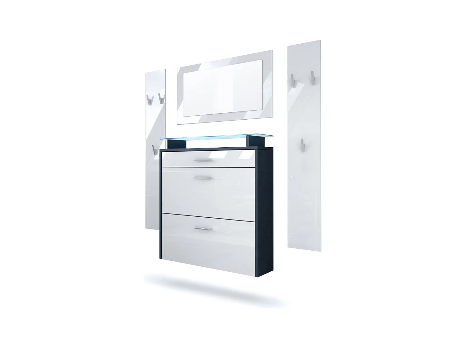 Penderie Malea, Meuble d’entrée comprenant 1 commode à chaussures, 1 miroir et 2 panneaux porte-manteaux, Anthracite mat/Blanc brillant, LED bleu inclus