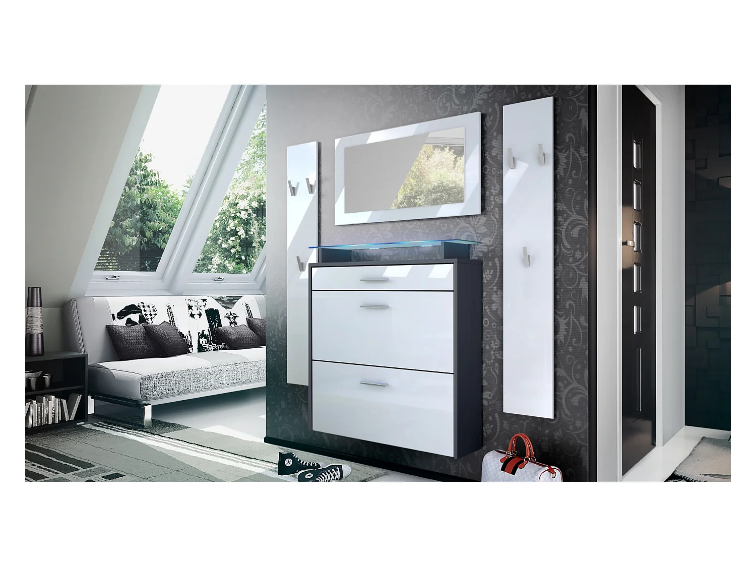 Penderie Malea, Meuble d’entrée comprenant 1 commode à chaussures, 1 miroir et 2 panneaux porte-manteaux, Anthracite mat/Blanc brillant, LED bleu inclus