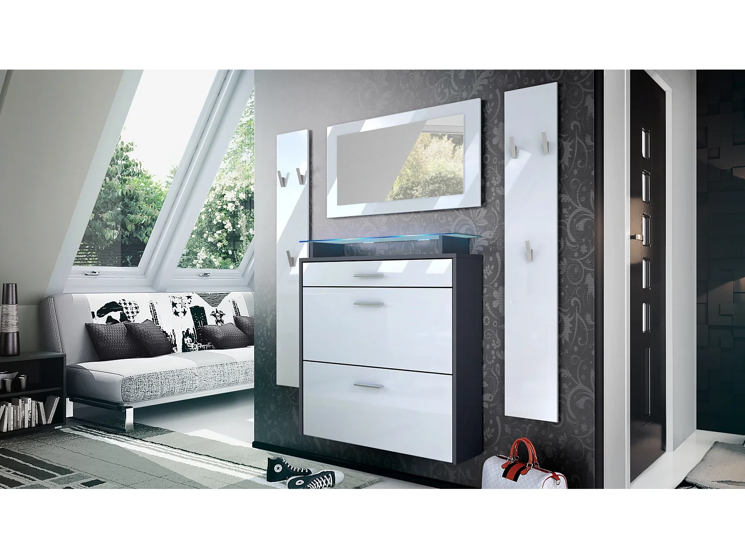 Penderie Malea, Meuble d’entrée comprenant 1 commode à chaussures, 1 miroir et 2 panneaux porte-manteaux, Anthracite mat/Blanc brillant, LED bleu inclus