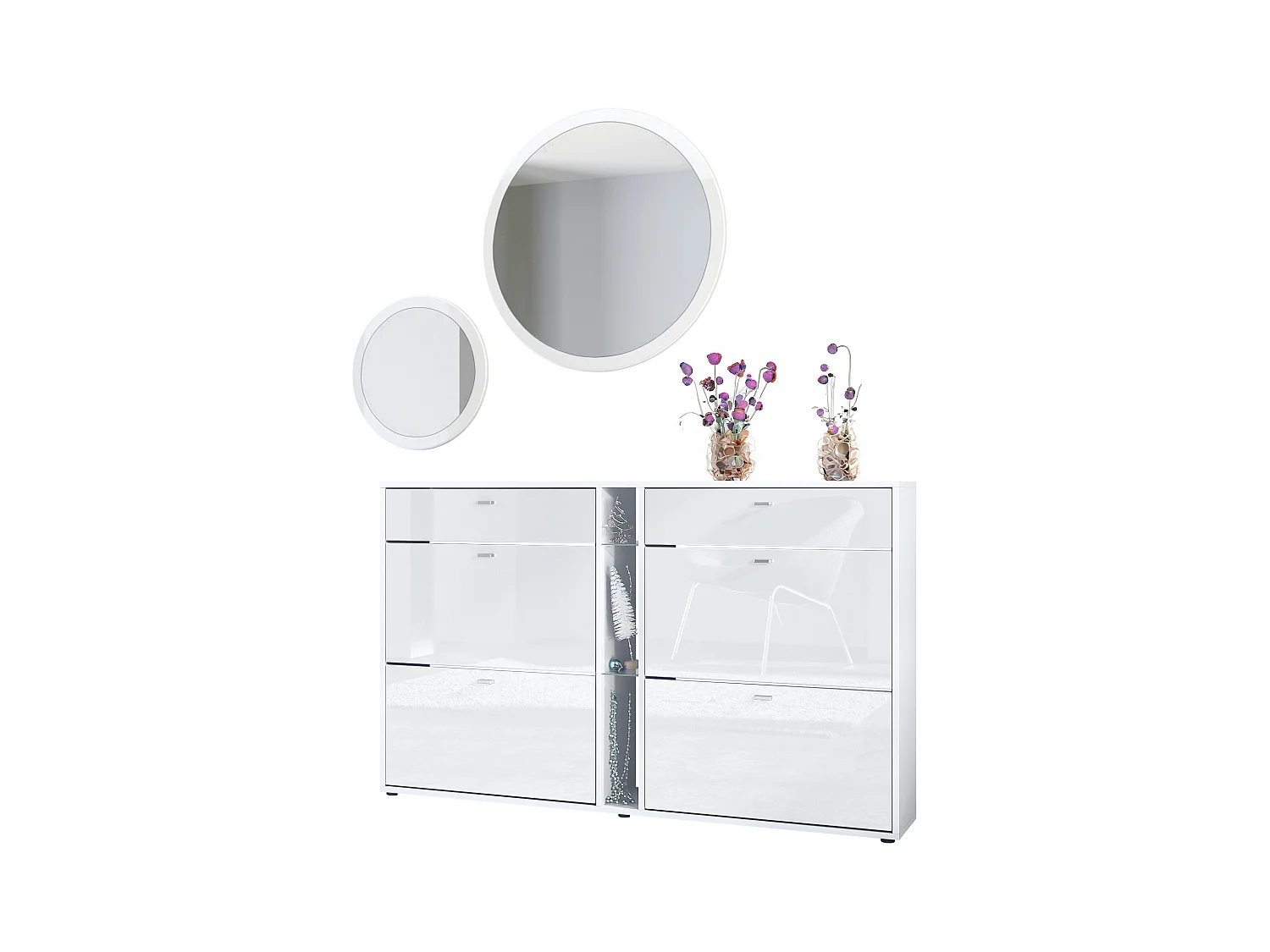Conjunto de guardarropa Florence con zapatero y 2 espejos de pared, Hecho en ALEMANIA, blanco mate/blanco de alto brillo