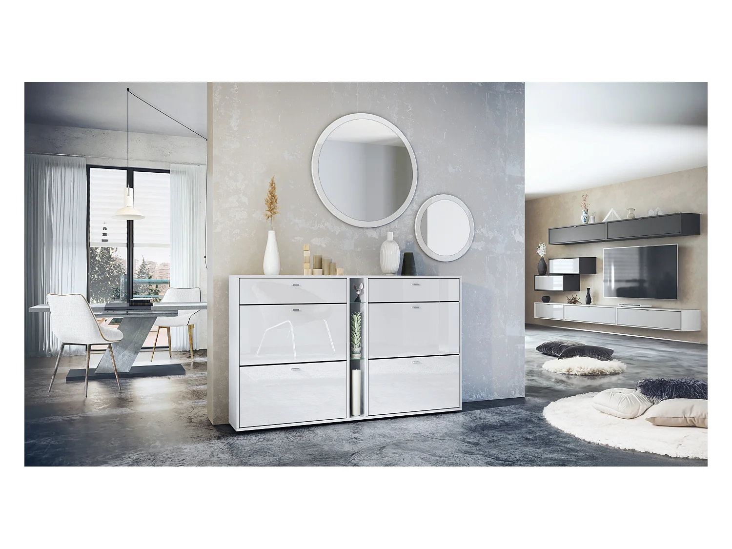 Conjunto de guardarropa Florence con zapatero y 2 espejos de pared, Hecho en ALEMANIA, blanco mate/blanco de alto brillo