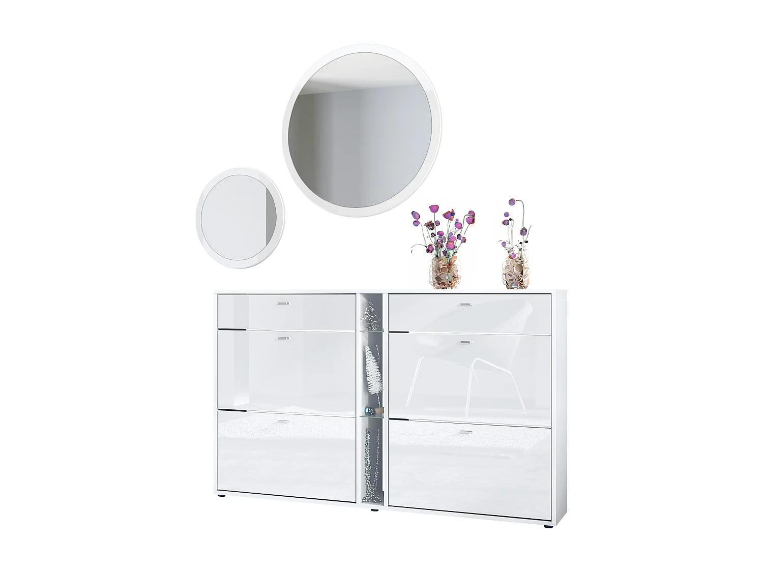 Ensemble de vestiaire Florence avec armoire à chaussures et 2 miroirs muraux, Fabriqué en ALLEMAGNE, blanc mat/blanc haute brillance