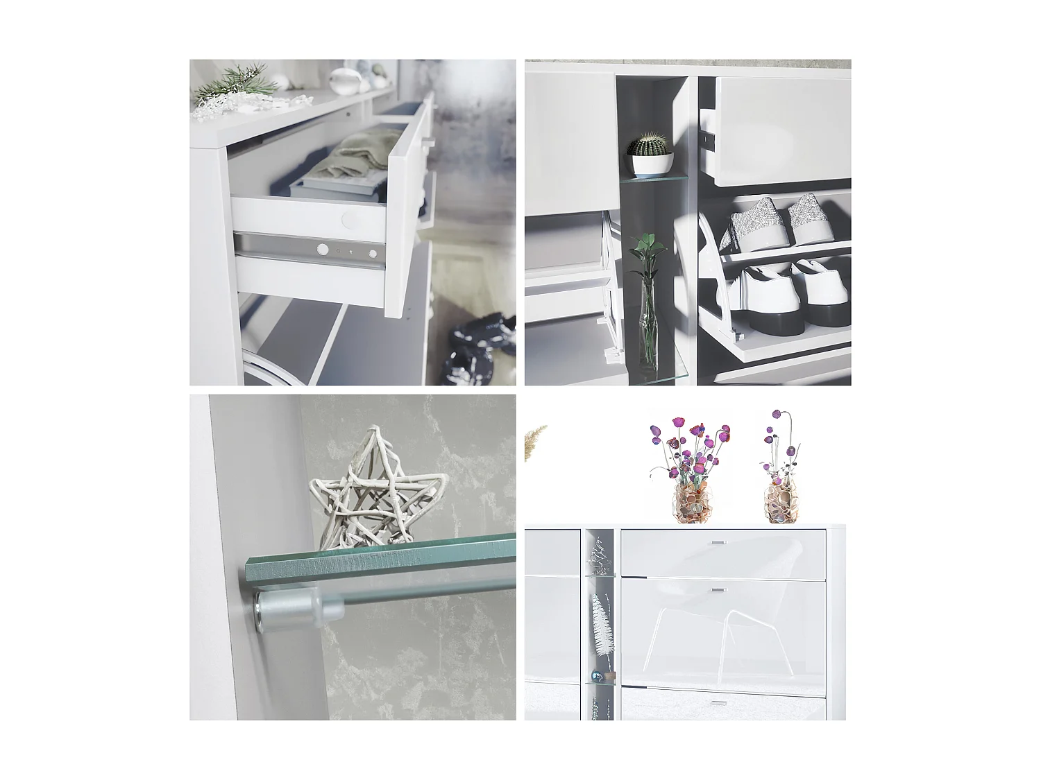 Ensemble de vestiaire Florence avec armoire à chaussures et 2 miroirs muraux, Fabriqué en ALLEMAGNE, blanc mat/blanc haute brillance