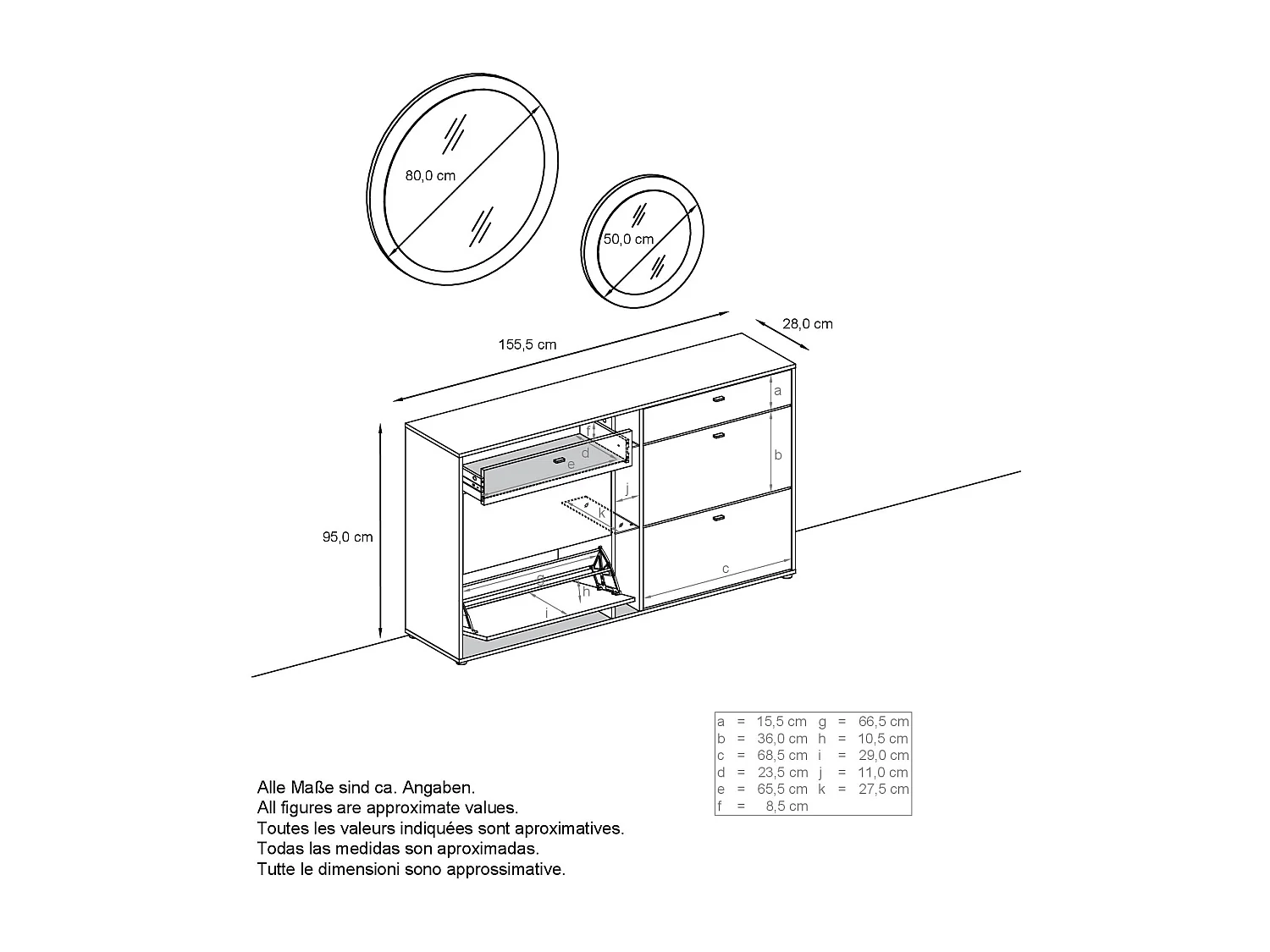 Ensemble de vestiaire Florence avec armoire à chaussures et 2 miroirs muraux, Fabriqué en ALLEMAGNE, blanc mat/blanc haute brillance