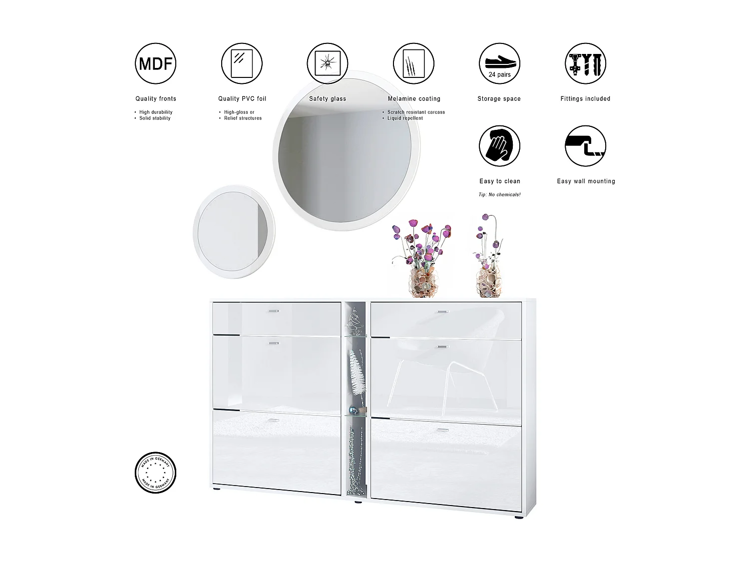 Ensemble de vestiaire Florence avec armoire à chaussures et 2 miroirs muraux, Fabriqué en ALLEMAGNE, blanc mat/blanc haute brillance