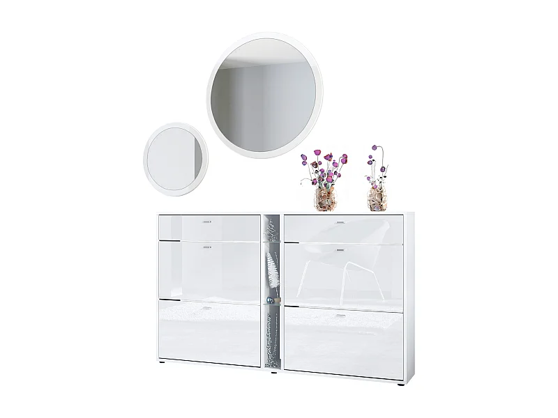 Ensemble de vestiaire Florence avec armoire à chaussures et 2 miroirs muraux, Fabriqué en ALLEMAGNE, blanc mat/blanc haute brillance