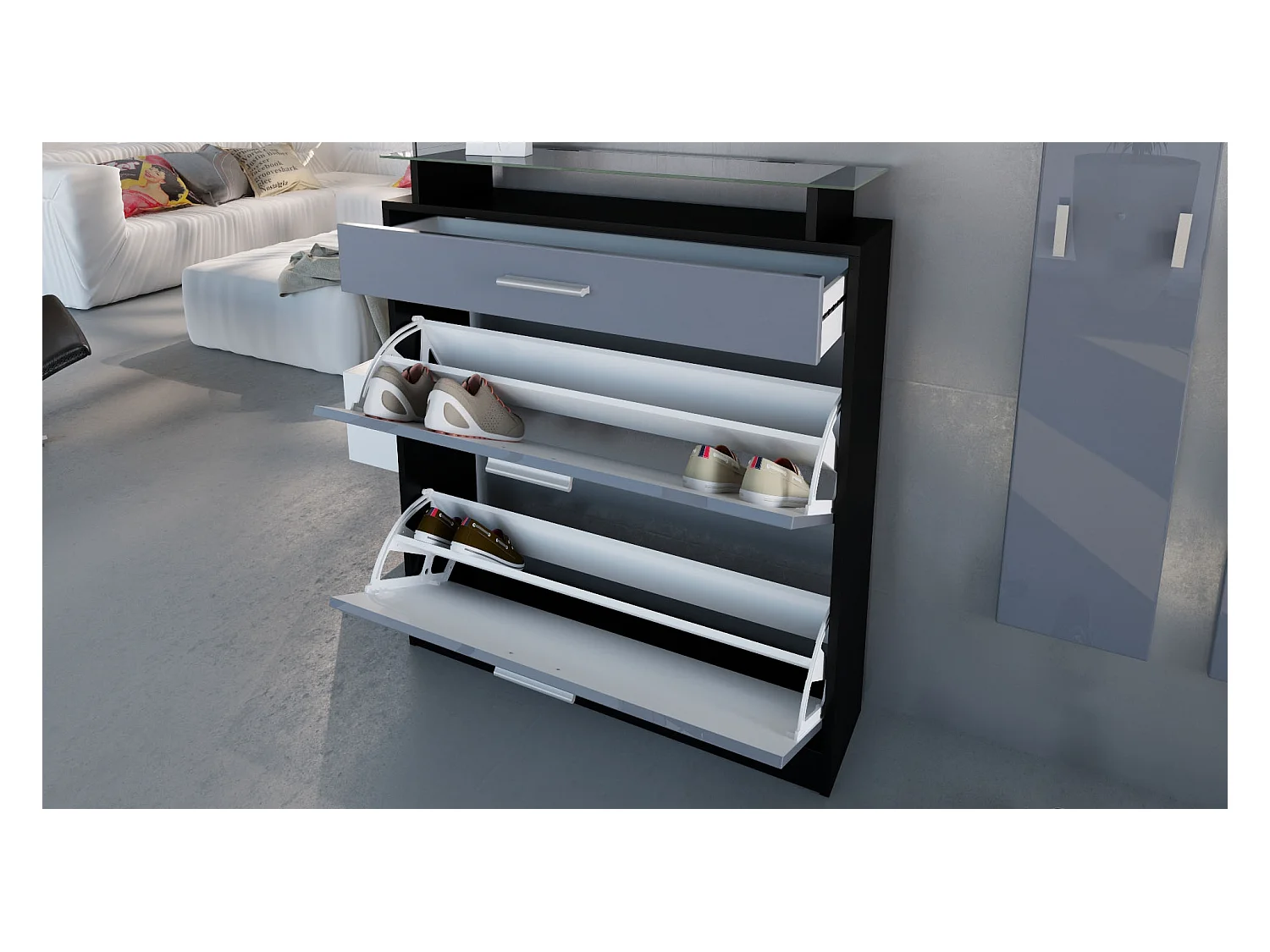 Penderie Loret Mini, Meuble d’entrée comprenant 1 commode à chaussures, 1 miroir mural et 2 panneaux porte-manteaux, Noir mat/Blanc haute brillance