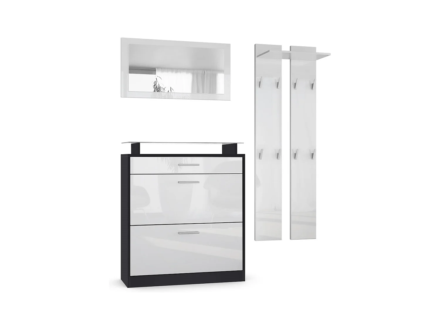 Penderie Loret Mini, Meuble d’entrée comprenant 1 commode à chaussures, 1 miroir mural et 2 panneaux porte-manteaux, Noir mat/Blanc haute brillance