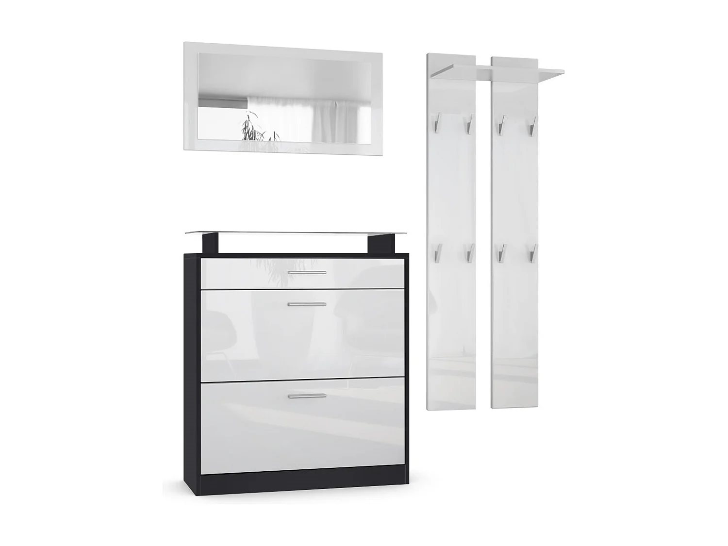 Penderie Loret Mini, Meuble d’entrée comprenant 1 commode à chaussures, 1 miroir mural et 2 panneaux porte-manteaux, Noir mat/Blanc haute brillance