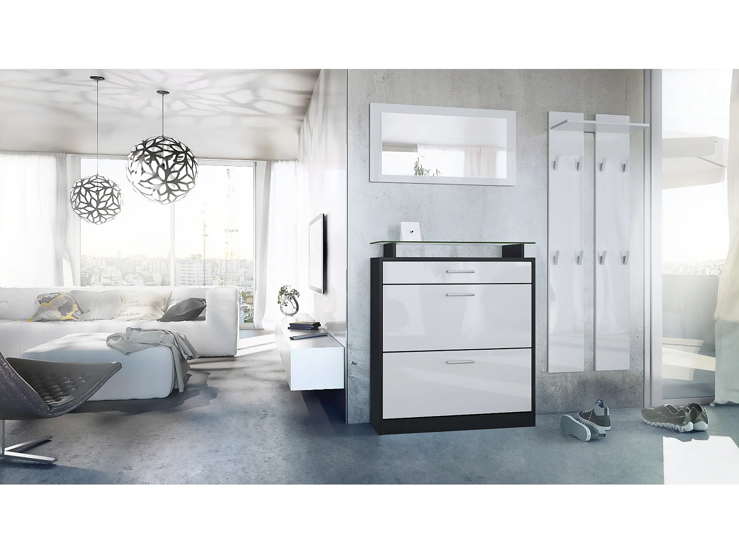 Penderie Loret Mini, Meuble d’entrée comprenant 1 commode à chaussures, 1 miroir mural et 2 panneaux porte-manteaux, Noir mat/Blanc haute brillance