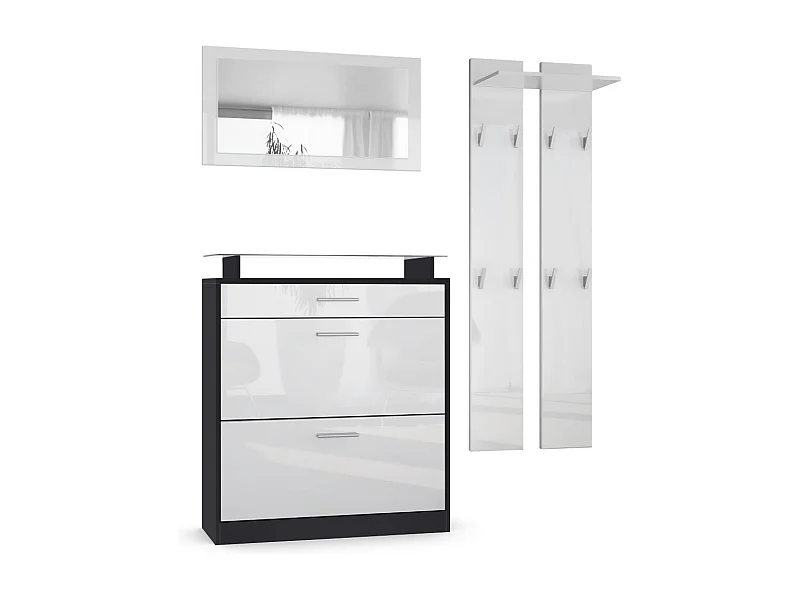 Penderie Loret Mini, Meuble d’entrée comprenant 1 commode à chaussures, 1 miroir mural et 2 panneaux porte-manteaux, Noir mat/Blanc haute brillance