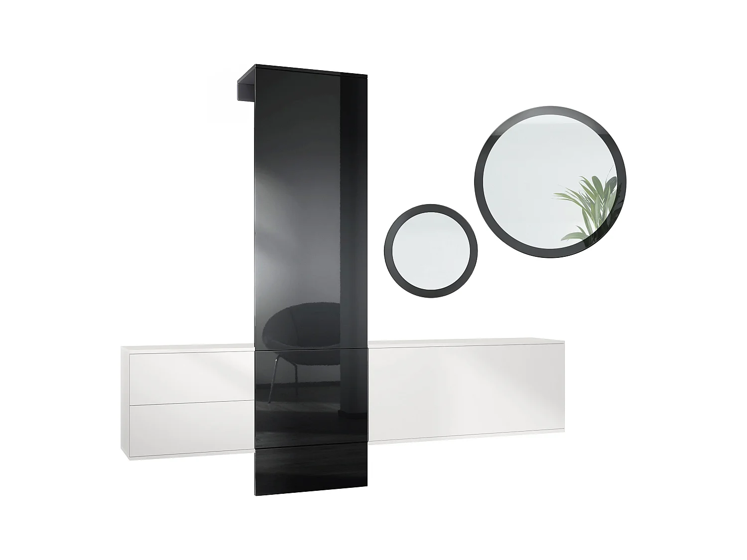 Ensemble de garde-robe  DualVista, composé de 1 panneau de porte-manteau, 1 armoire à tiroirs, 1 module de rangement et 2 miroirs, blanc mat/noir brillant
