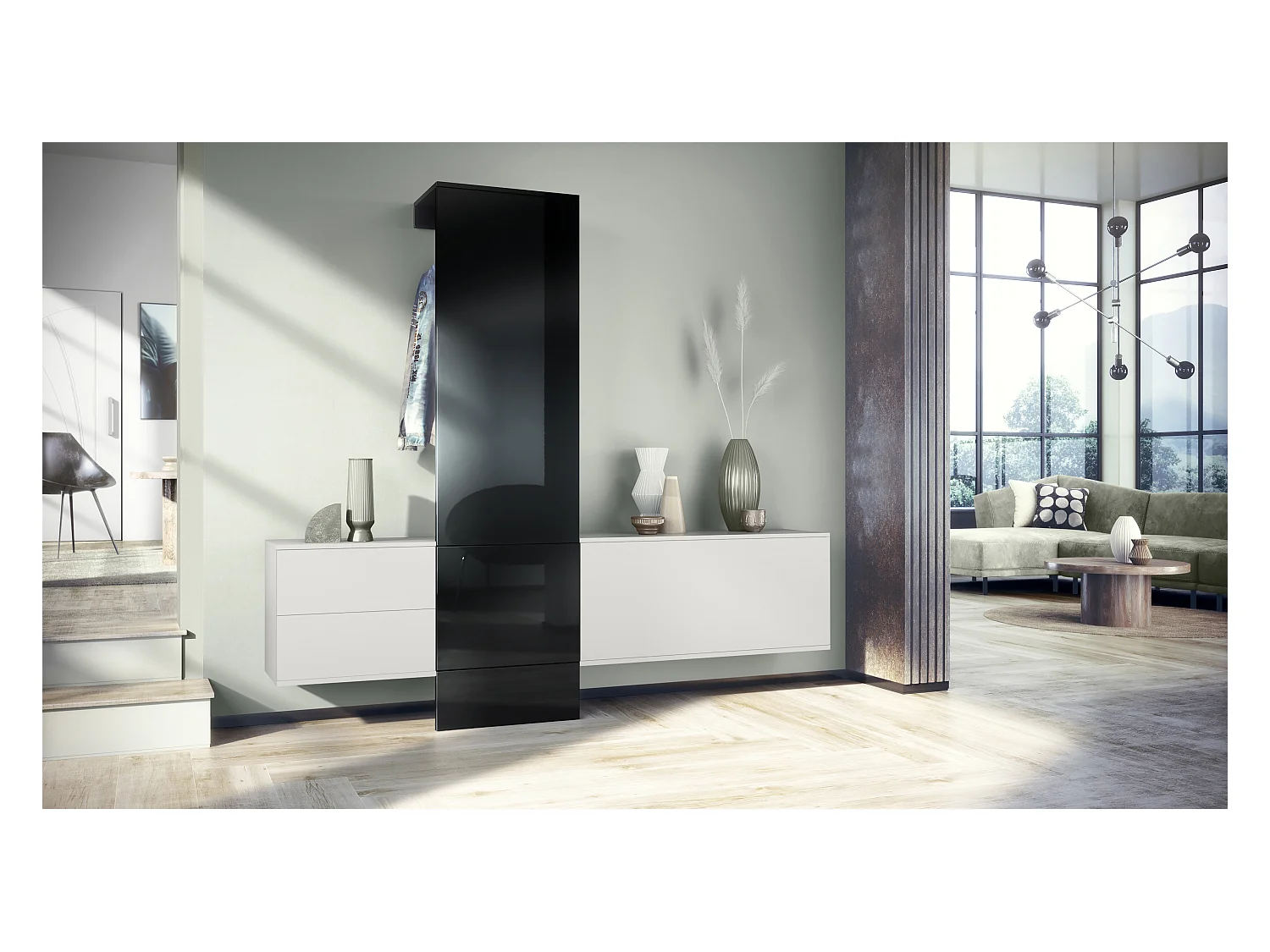 Ensemble de garde-robe  DualVista, composé de 1 panneau de porte-manteau, 1 armoire à tiroirs, 1 module de rangement et 2 miroirs, blanc mat/noir brillant