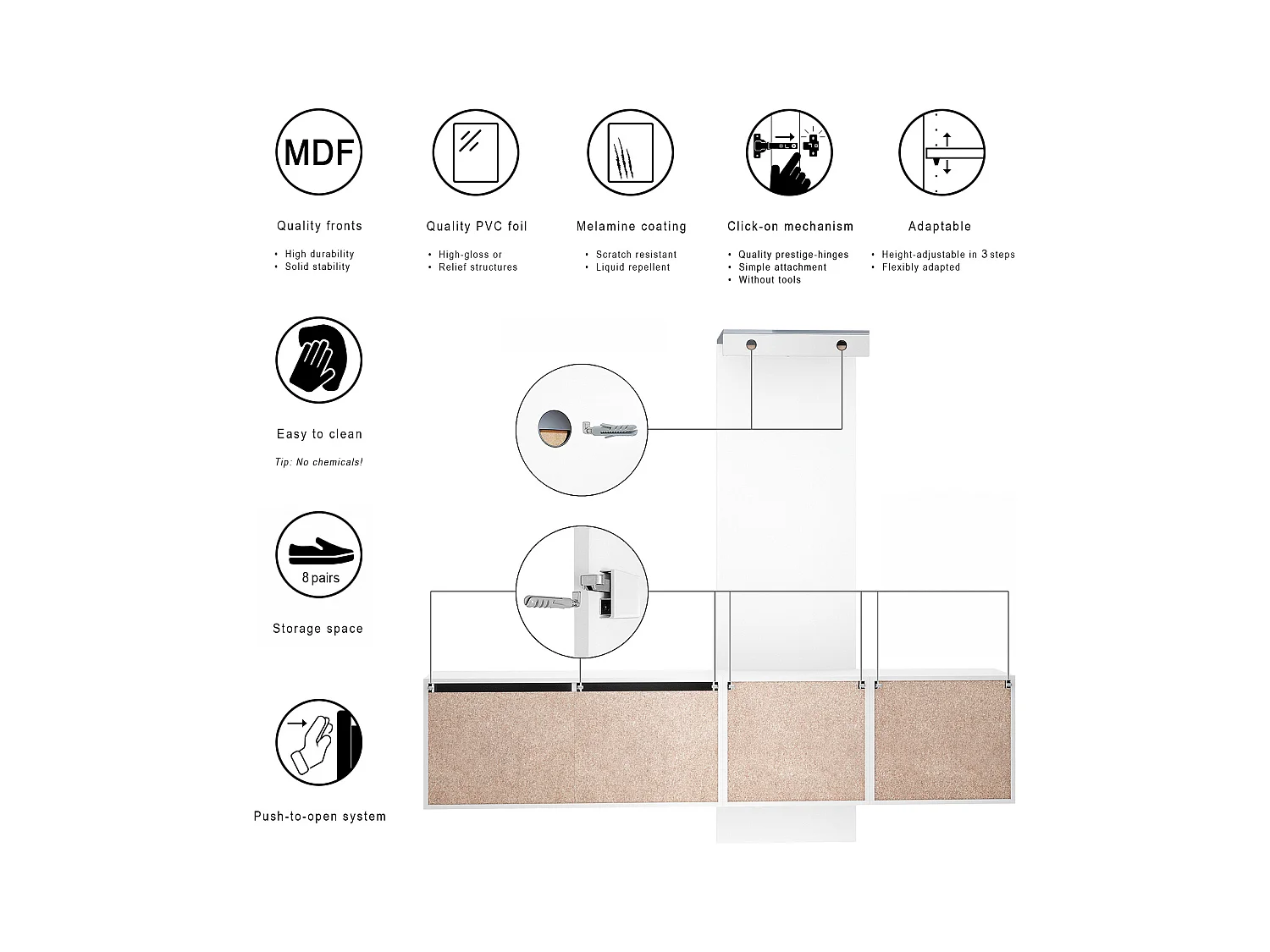 Ensemble de garde-robe  DualVista, composé de 1 panneau de porte-manteau, 1 armoire à tiroirs, 1 module de rangement et 2 miroirs, blanc mat/noir brillant