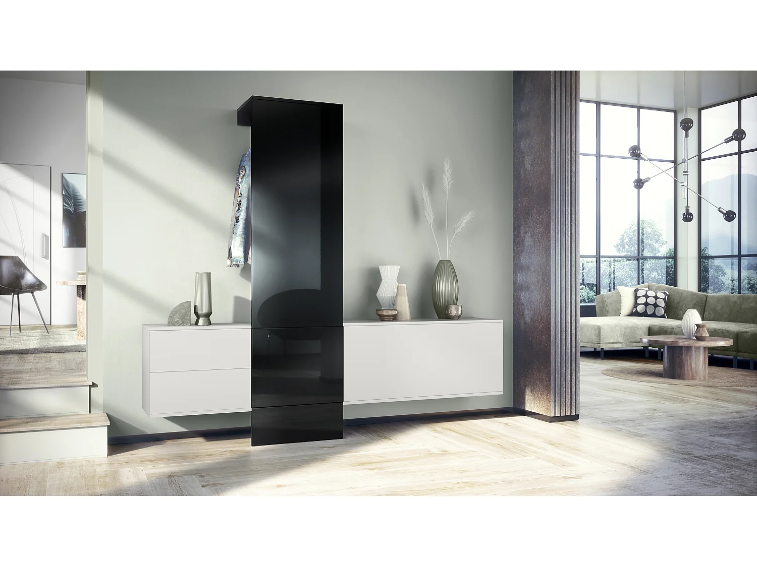 Ensemble de garde-robe  DualVista, composé de 1 panneau de porte-manteau, 1 armoire à tiroirs, 1 module de rangement et 2 miroirs, blanc mat/noir brillant