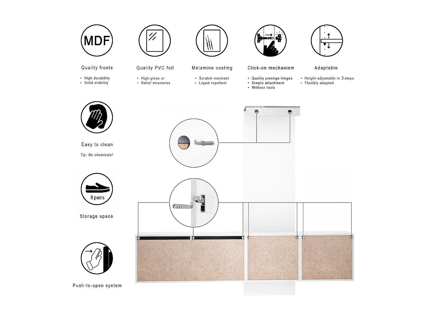 Ensemble de garde-robe  DualVista, composé de 1 panneau de porte-manteau, 1 armoire à tiroirs, 1 module de rangement et 2 miroirs, blanc mat/noir brillant