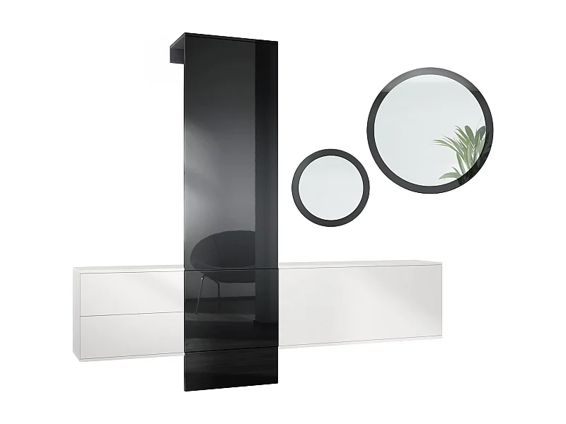 Ensemble de garde-robe  DualVista, composé de 1 panneau de porte-manteau, 1 armoire à tiroirs, 1 module de rangement et 2 miroirs, blanc mat/noir brillant