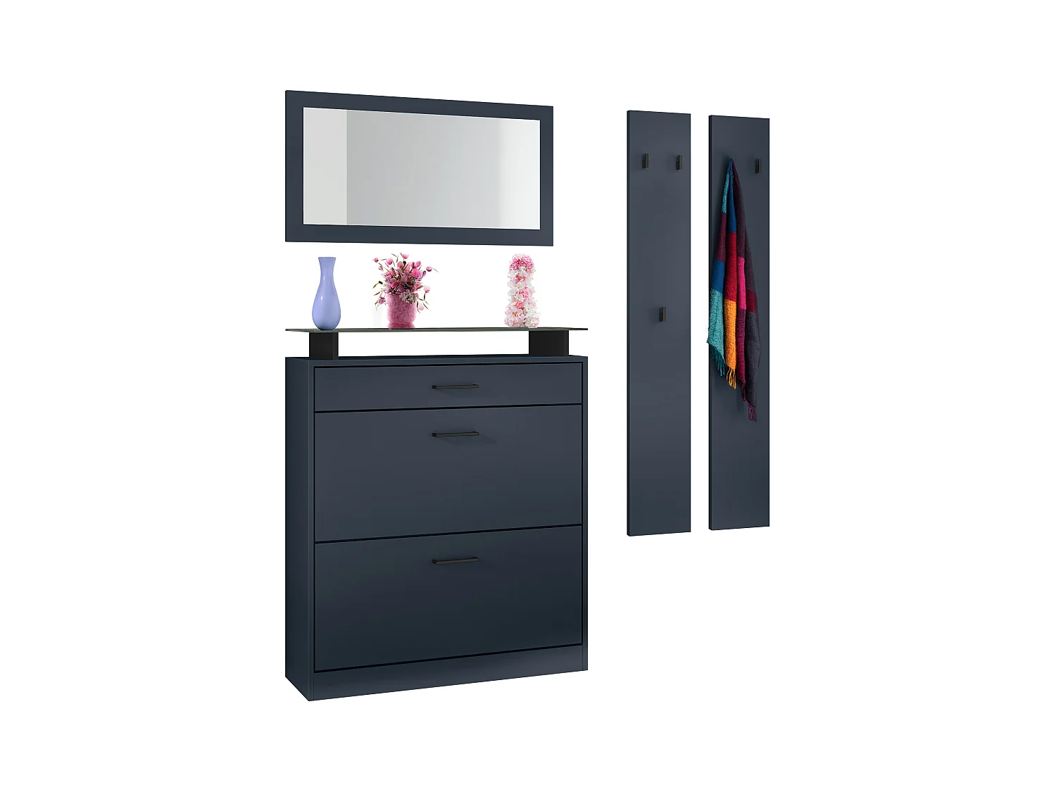 Ensemble d'Entrée Enigma, Composé d'un Meuble à Chaussures, d'un Miroir Mural et de 2 Panneaux Porte-Manteaux Bleu royal