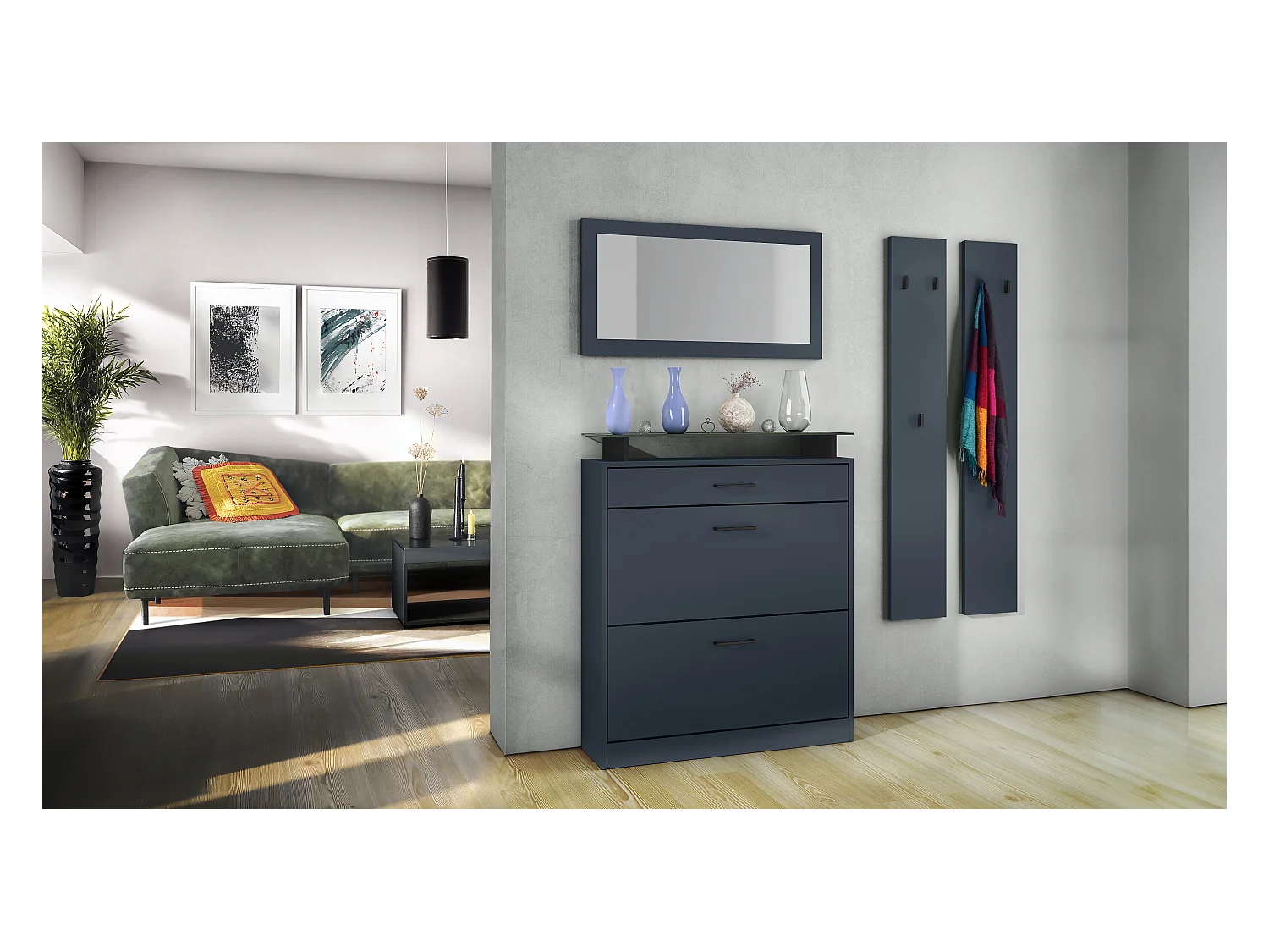 Ensemble d'Entrée Enigma, Composé d'un Meuble à Chaussures, d'un Miroir Mural et de 2 Panneaux Porte-Manteaux Bleu royal