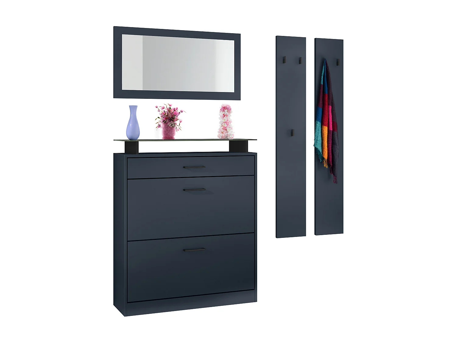 Ensemble d'Entrée Enigma, Composé d'un Meuble à Chaussures, d'un Miroir Mural et de 2 Panneaux Porte-Manteaux Bleu royal