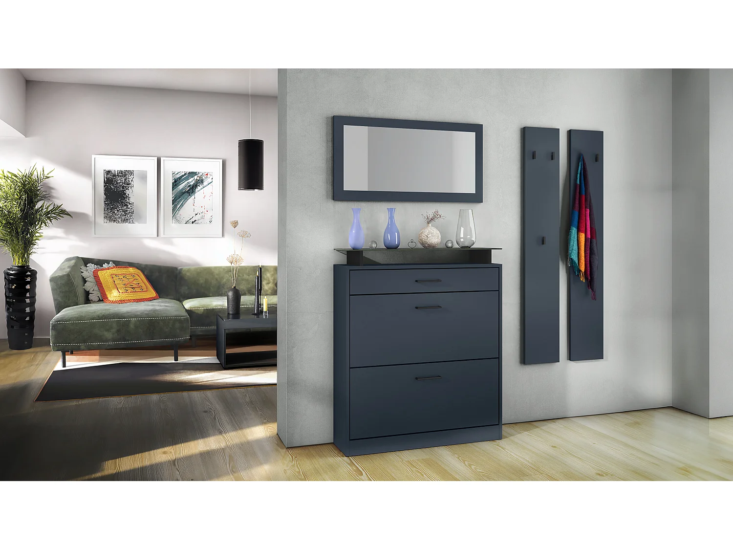 Ensemble d'Entrée Enigma, Composé d'un Meuble à Chaussures, d'un Miroir Mural et de 2 Panneaux Porte-Manteaux Bleu royal