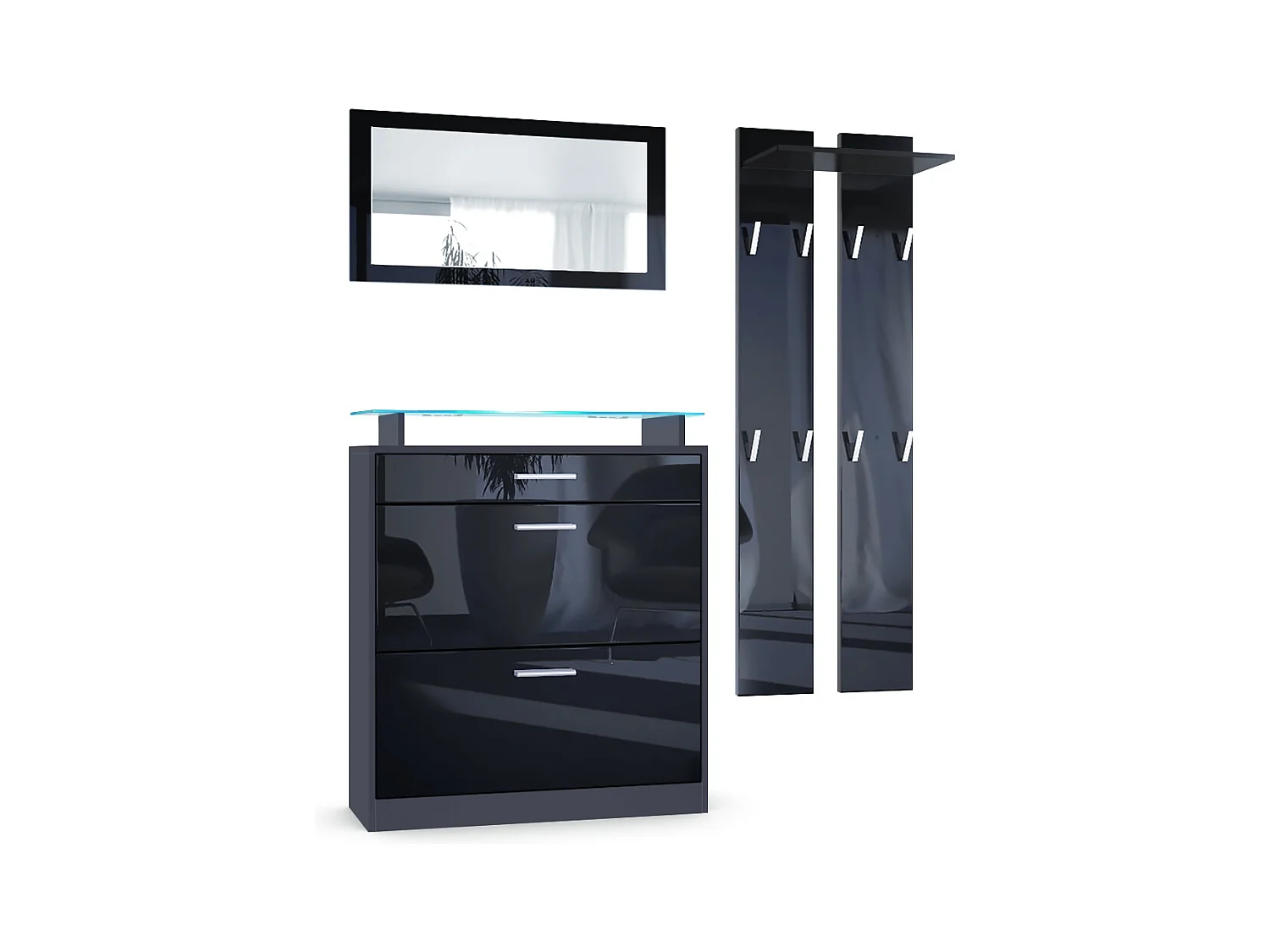 Loret Ensemble penderie, meuble à chaussures 89 x 104 x 23 cm avec miroir, 2 panneaux murales et éclairage LED Bleu, Anthracite mat & Noir haute brillance