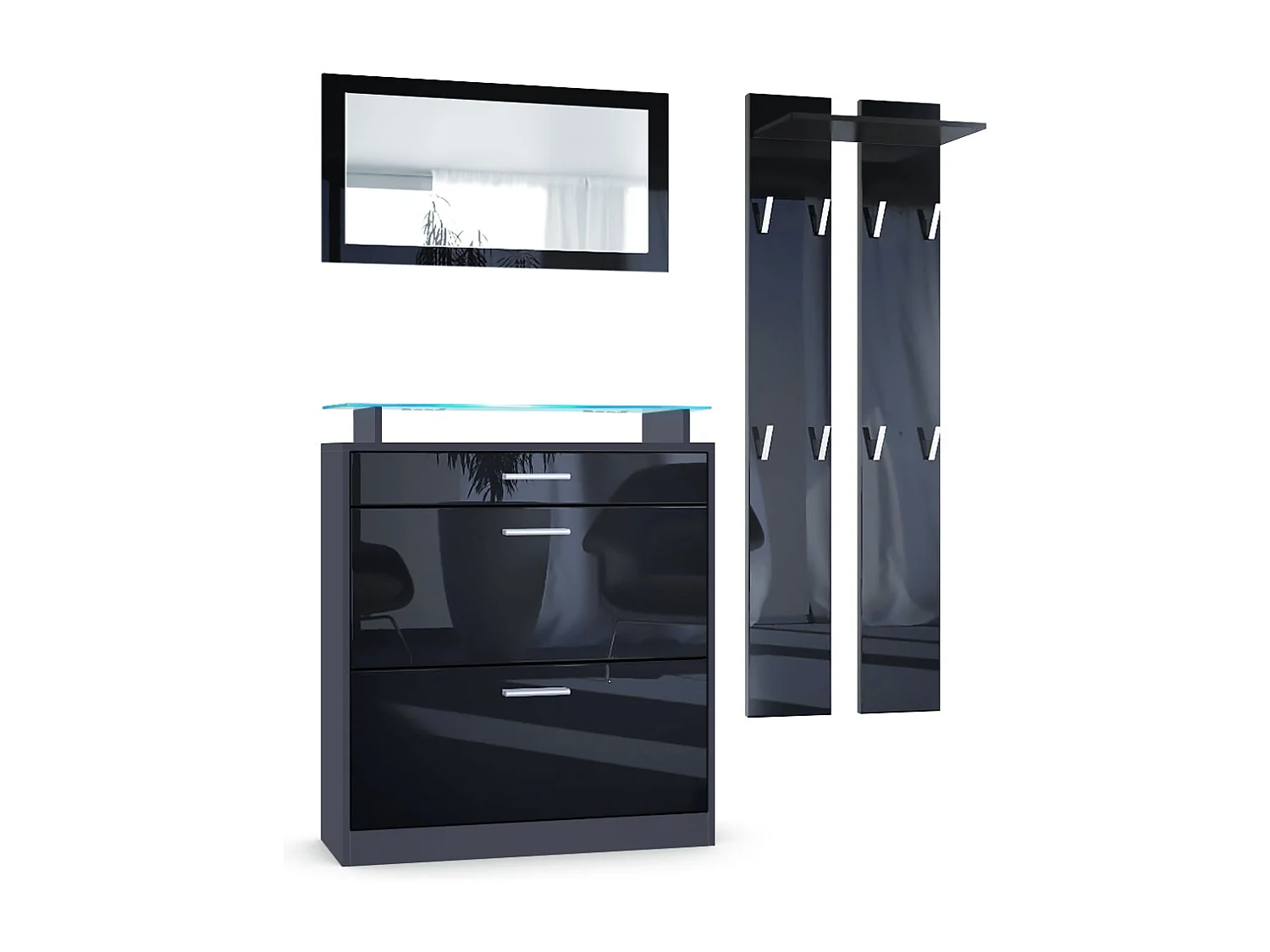 Loret Ensemble penderie, meuble à chaussures 89 x 104 x 23 cm avec miroir, 2 panneaux murales et éclairage LED Bleu, Anthracite mat & Noir haute brillance