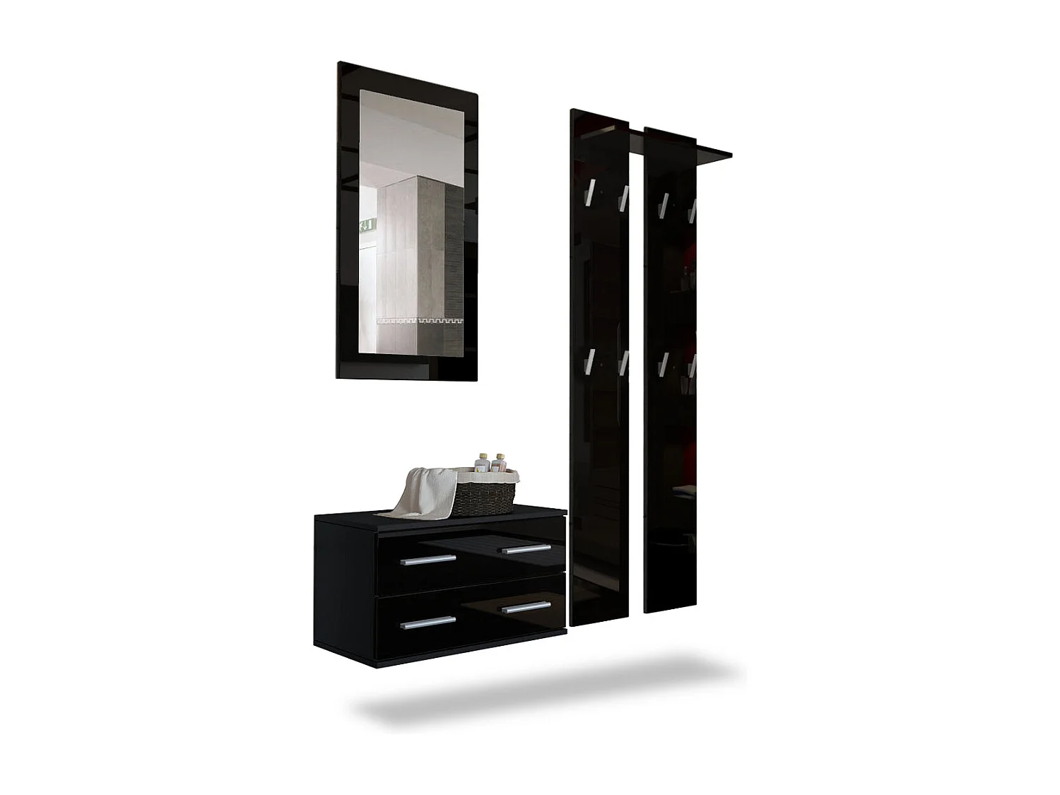 Ensemble de meubles d'entrée Kioto, Corps en Noir mat / Façades en Noir haute brillance