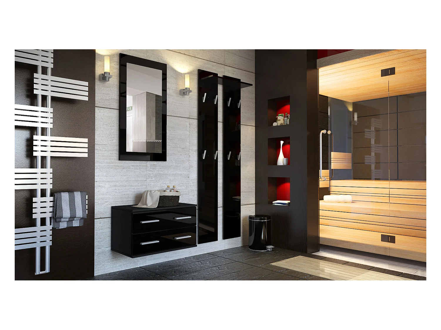 Ensemble de meubles d'entrée Kioto, Corps en Noir mat / Façades en Noir haute brillance