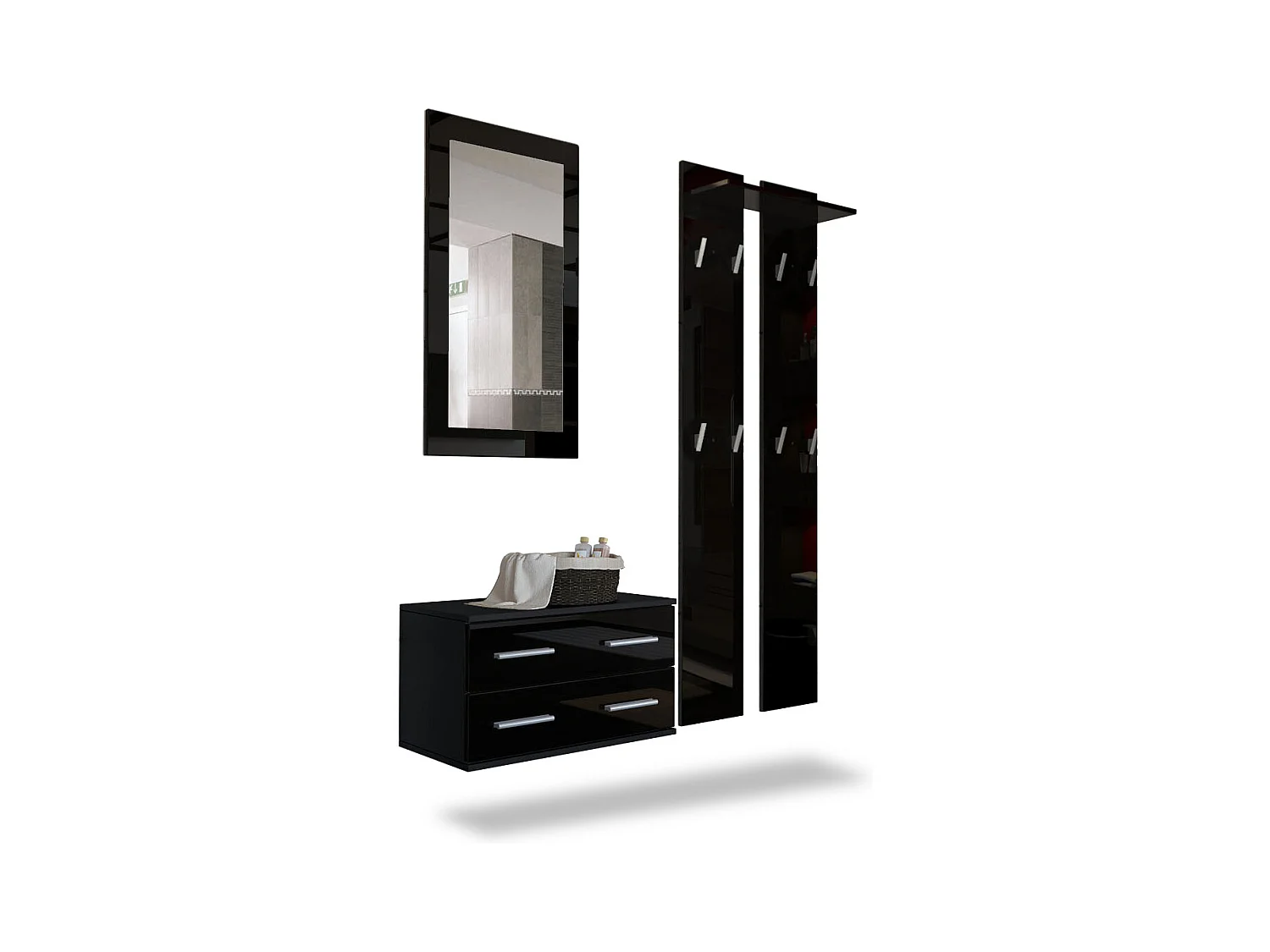 Ensemble de meubles d'entrée Kioto, Corps en Noir mat / Façades en Noir haute brillance